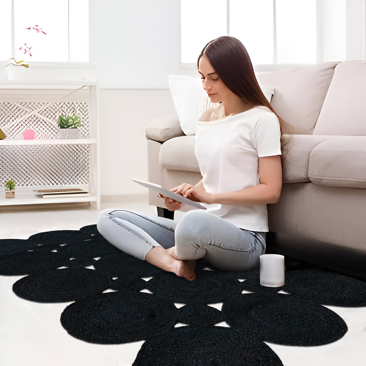 Scallop Edge 3x5 Feet Black Scalloped Natural Hand Braided Jute Solid Design Handmade Boho Flatweave Jute Rug Thick 0.27" Indoor Outdoor Rugs for Bedside Kitchen Enterway | Christmas Decoration