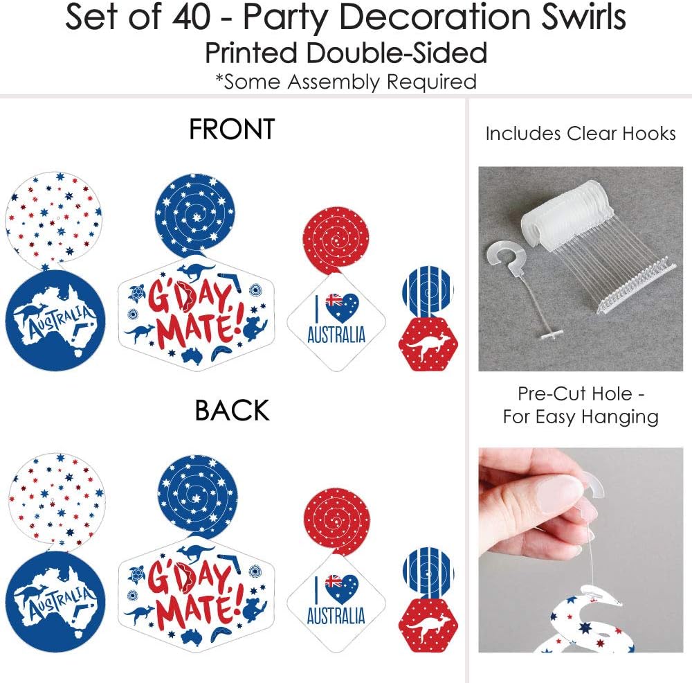 Big Dot of Happiness Australia Day - G’Day Mate Aussie Party Hanging Decor - Party Decoration Swirls - Set of 40