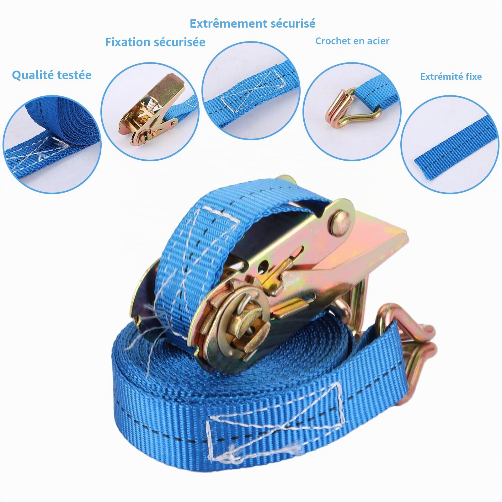 6 Pièces Sangle à Cliquet, 5mx25mm Sangle Cliquet avec Crochets, 800kg Sangle Crochet de Levage, Bleu Sangle à Cliquet pour Cargaison, Moto, Camions