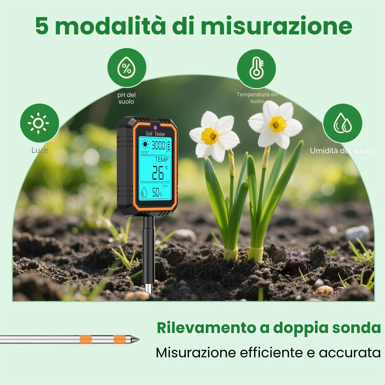 4 in 1 Misuratore di PH del Terreno Igrometro per Piante Ricaricabile per PH/umidità/Temperatura/Intensità con LCD retroilluminato Compatibile con Giardinaggio/Piante in Vaso/Fattoria