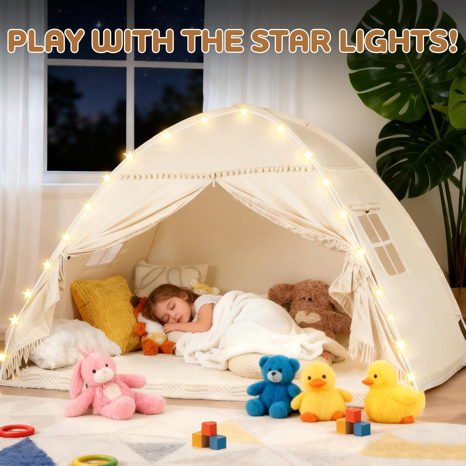 Twin Bunk Bed Tent Canopy for Playhouse, Indoor Portable Foldable Privacy Shelter with Breathable Starry Canopy for Girls & Boys Bedrooms (Twin Beige)