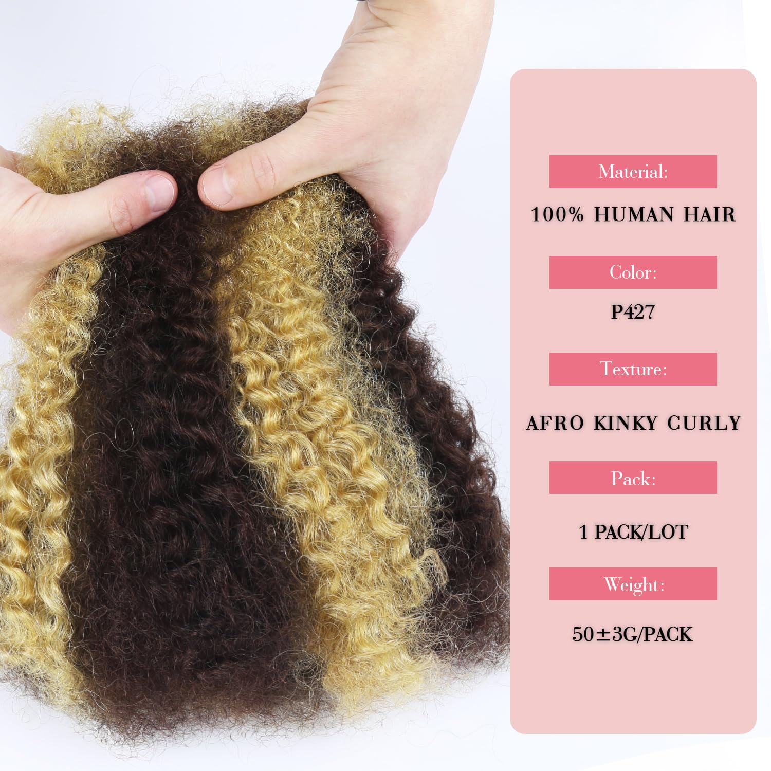 Afro Kinkys Bulk Human Hair for Dreadlocks Kinky Curly Human Hair for Locs Extensions & Crochet 100% Real Brazilian Hair for Marley Twist Braiding Hair 50 Gram 16 Inch #P4/27 Ombre Brown