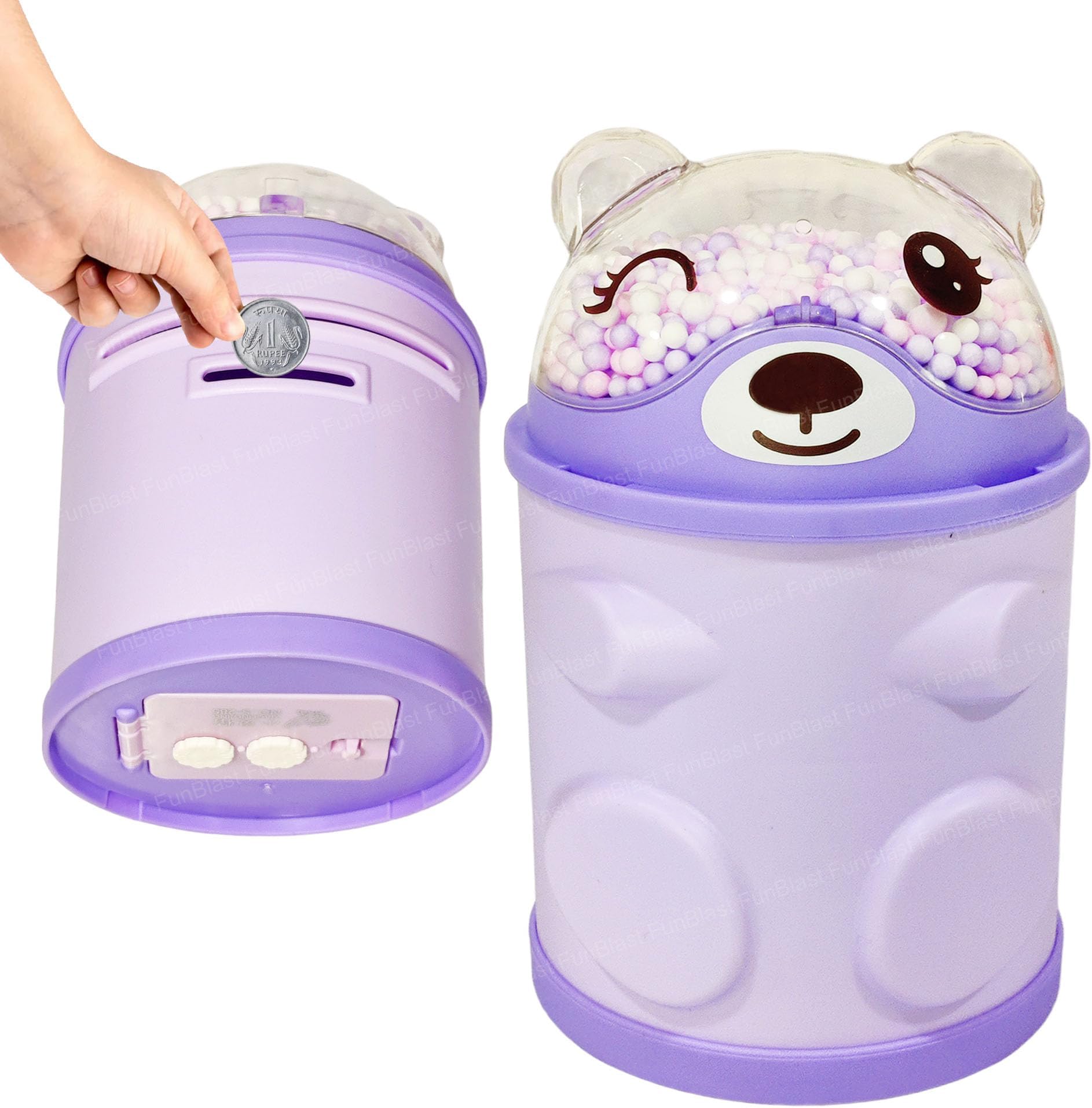 FunBlast Piggy Bank – Bear Shaped Coin Box for Kids, Money Bank for Kids, Piggy Bank for Kid, Money Box, Coin Box with Password Lock, Gifts for Girls, Best Return Gifts (Purple)