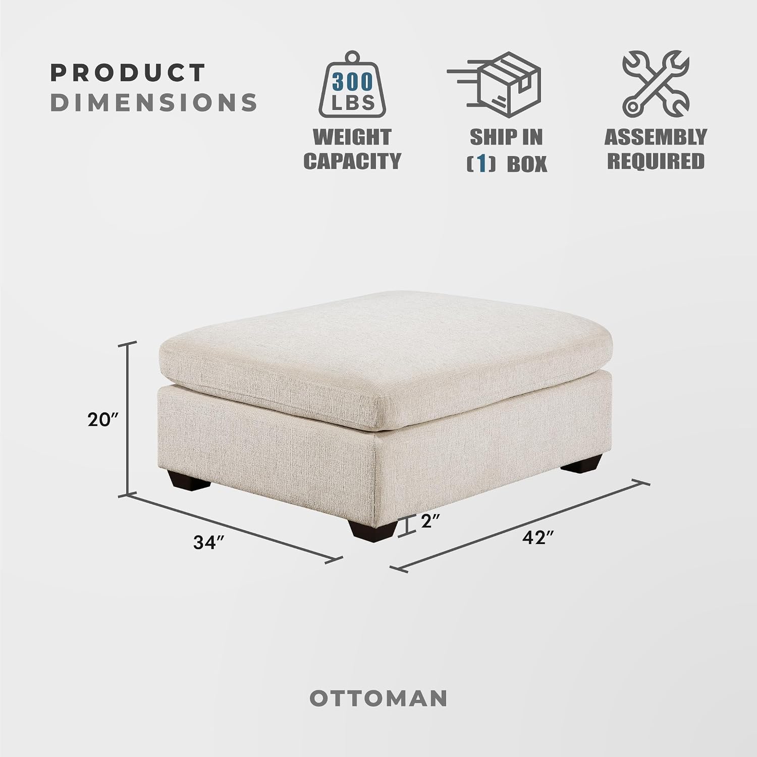 Lexicon 42 Inch Large Ottoman-Foot Rest, Modern Oversized Ottoman for Living Room, Very Soft Chenille Fabric Upholstered Extra Large Cushioned Top Coffee Table, Sturdy Modular, Apartment, Beige