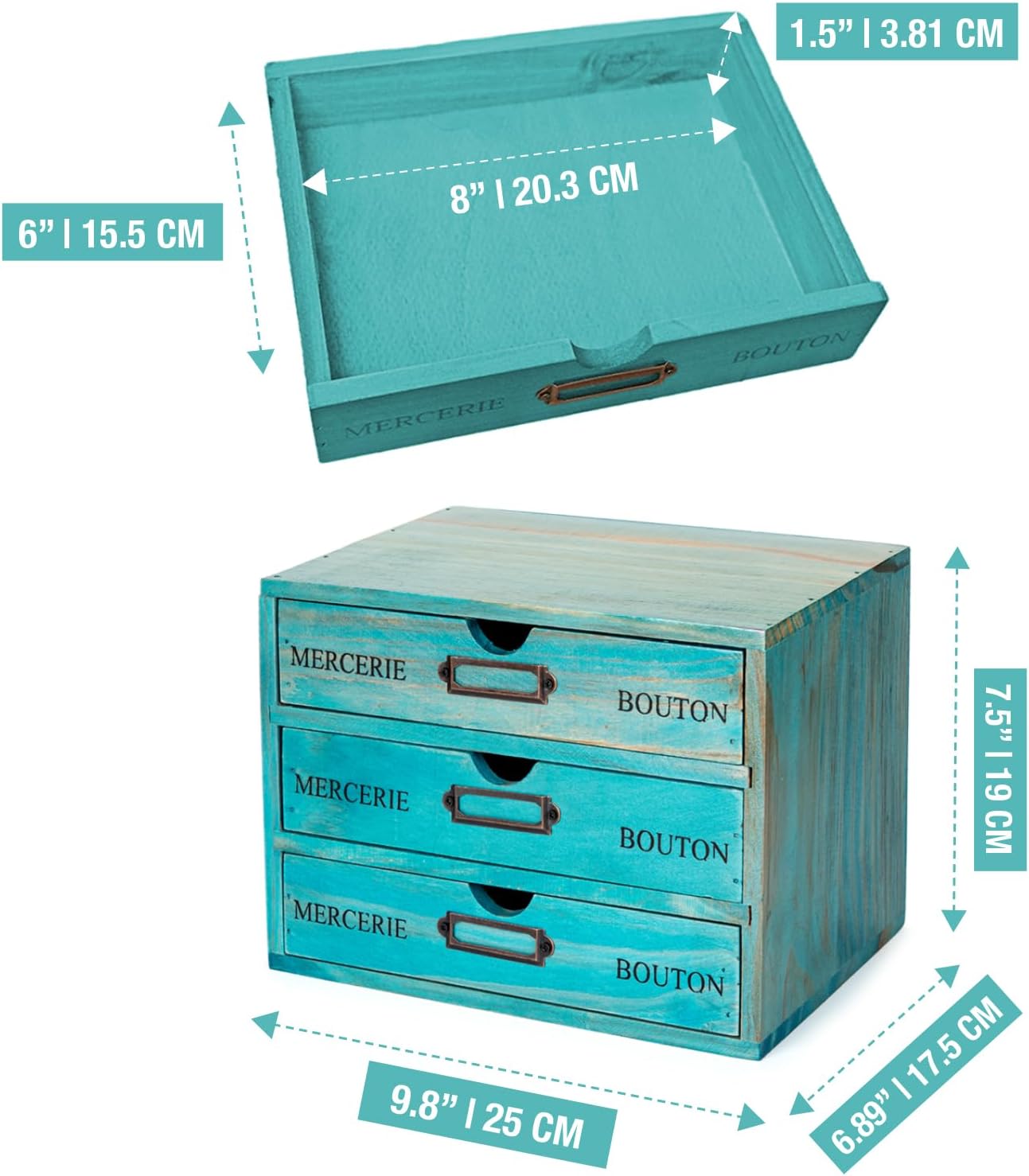 Turquoise 3-Tier Drawer Unit - European Country Style Desk Organizer Box - 9.7x7x7.5" Wooden Teal Stackable Drawers - Countertop Organizer Drawers w/Label Holder - Triple File Drawer Unit