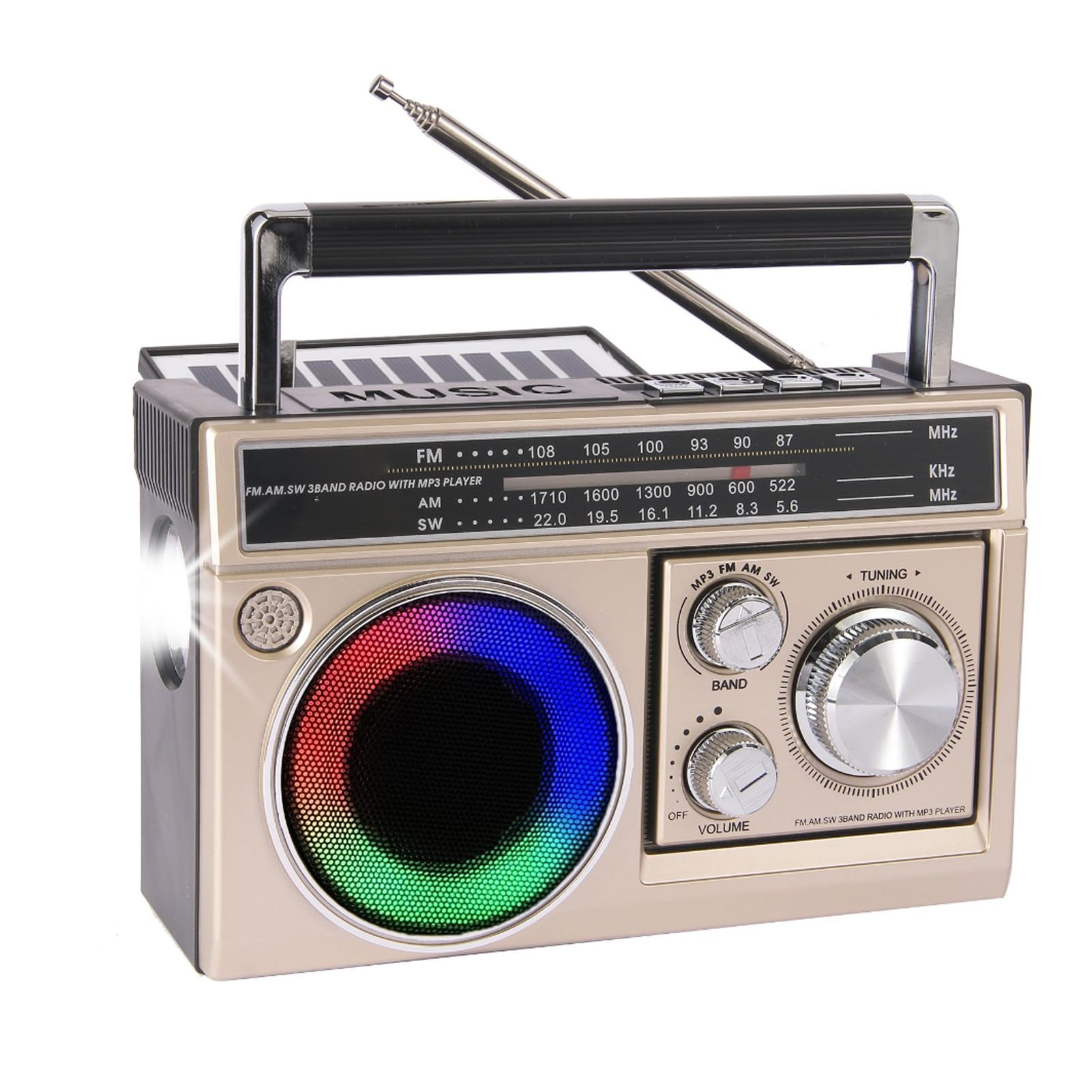 Haut-Parleur Radio BT Portable, Lampe de Poche LED Stéréo 5 W, Radio Extérieure FM AM SW avec Véritable Stéréo sans Fil pour la Maison, Le Camping, Les Voyages (Gold)