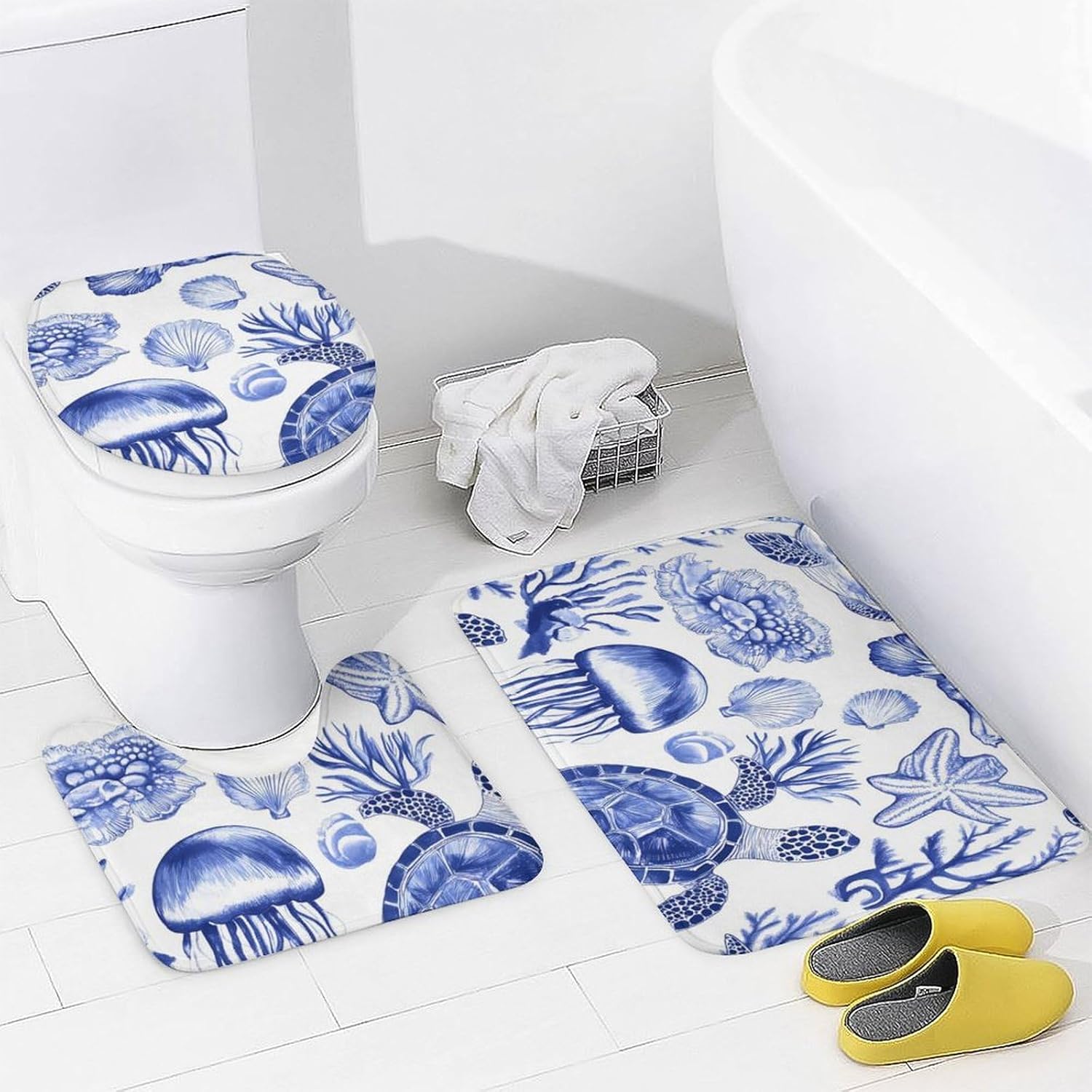 Ocean Turtles Coral Jellyfish Shell Bathroom Sets with Shower Curtain and Rugs 4 Piece with U-Shaped Floor Mat Toilet Lid Cover