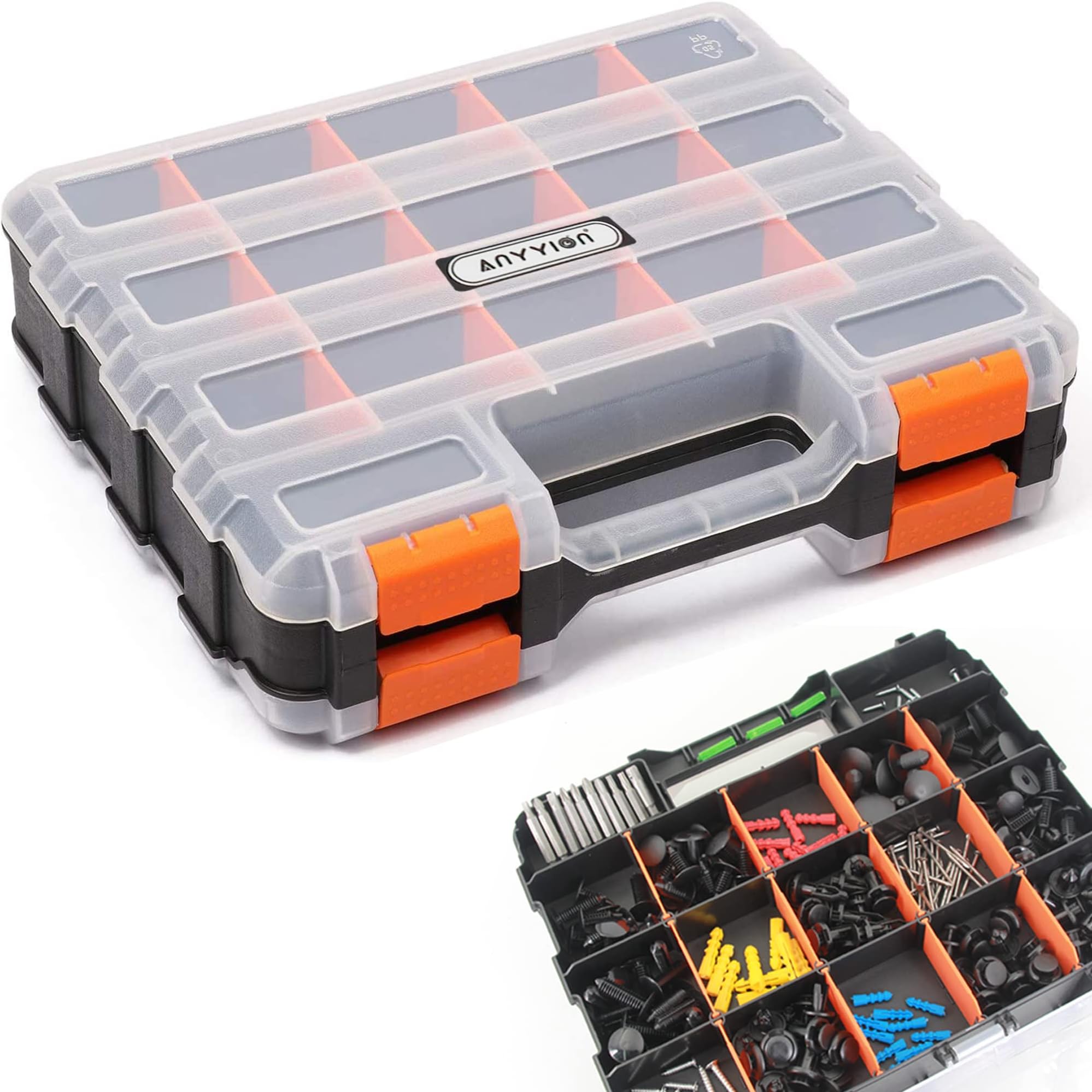 - Anyyion Small Parts Organizer, 34-Compartments Double Side parts organizer with Removable Dividers for Hardware, Screws, Bolts, Nails, Beads, Jewelry.