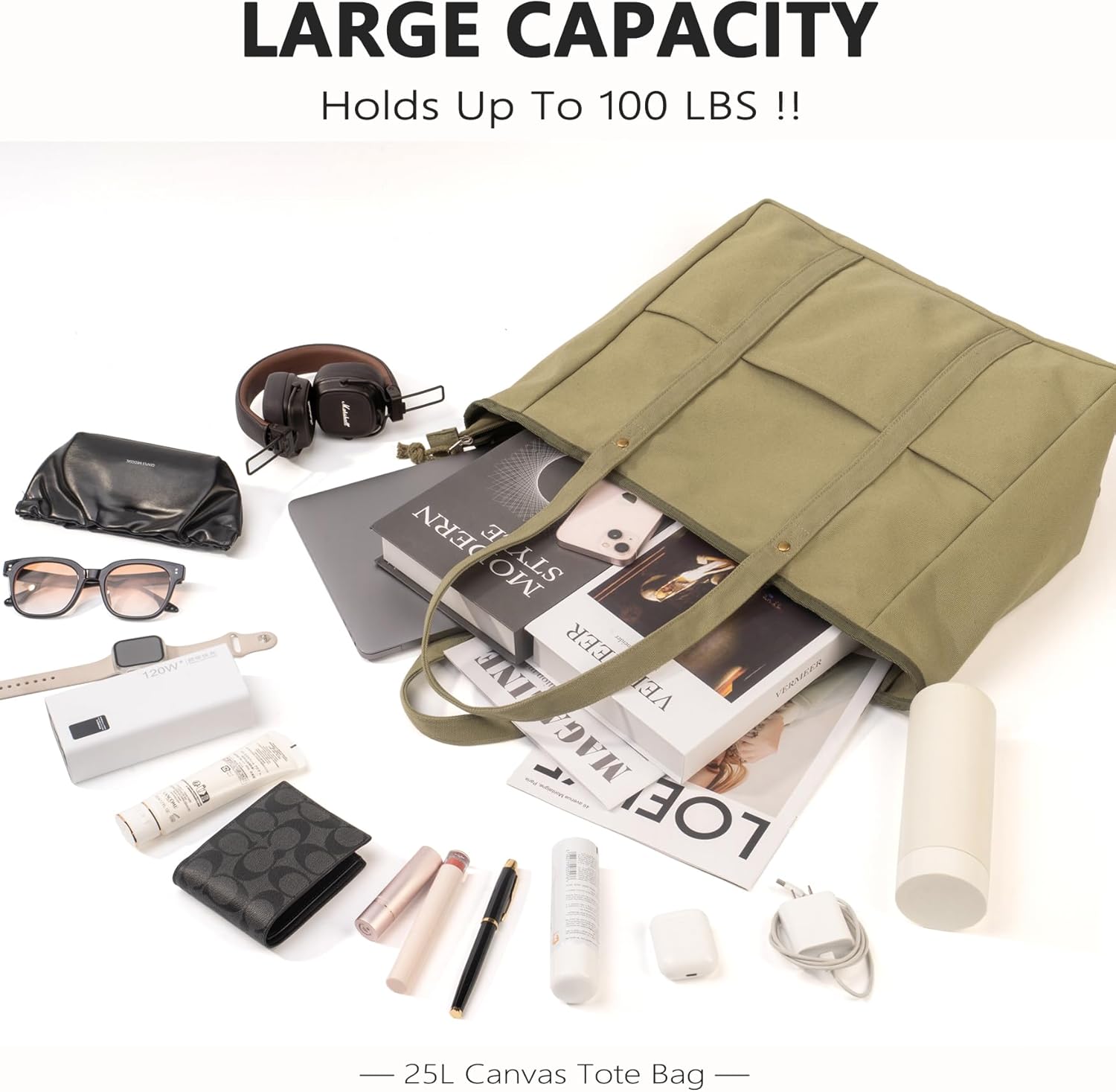 Extra Large Canvas Tote Bag for Women Men, Utility Work Bags with Zipper - Image 2