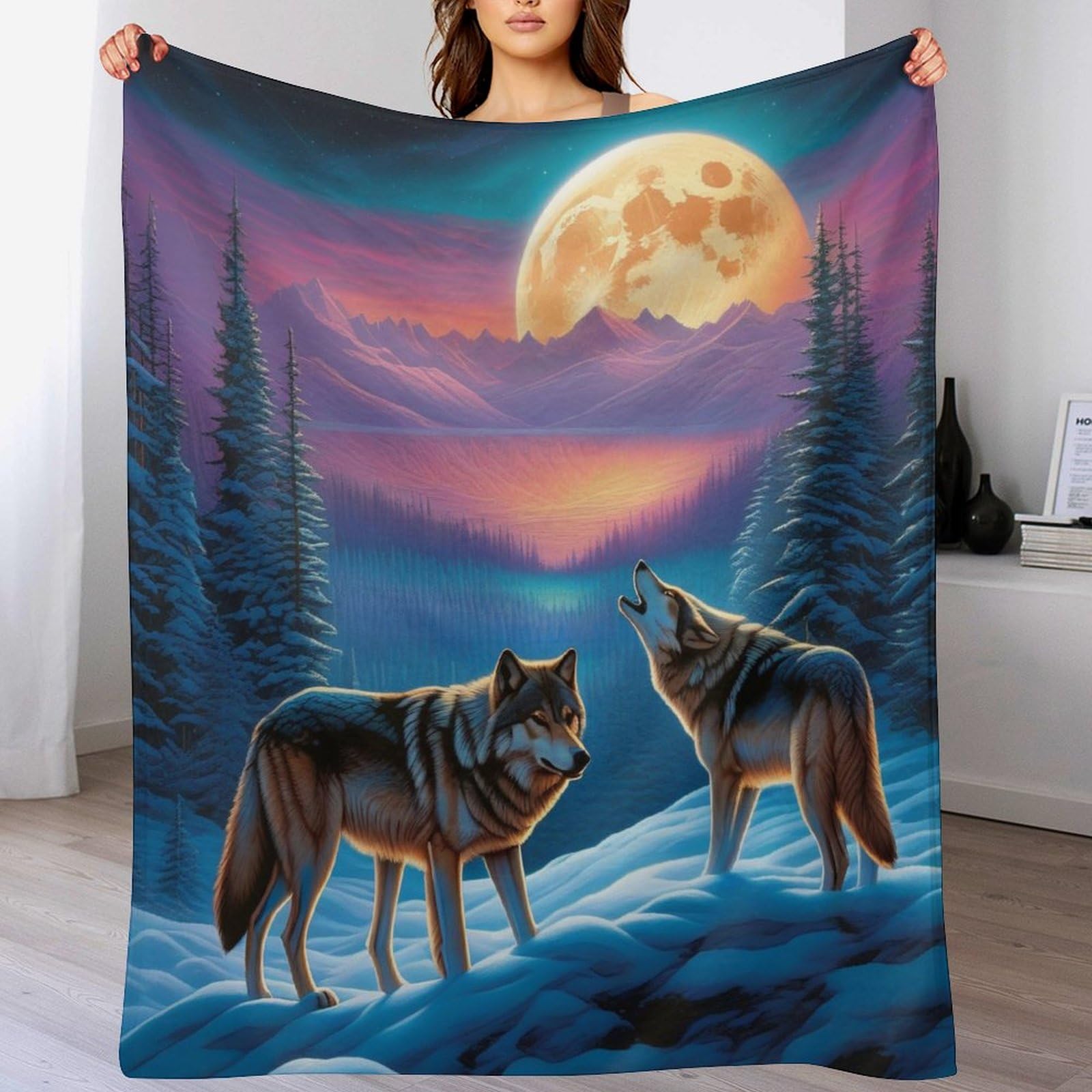Couverture loup 3D anti-froid en flanelle légère pour grand lit