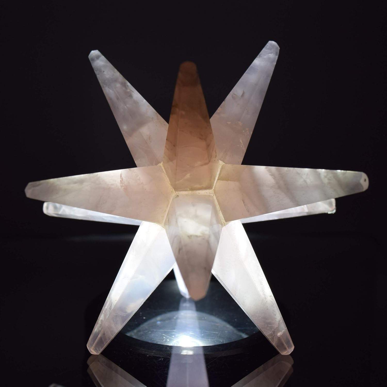 HC Set: 3.2" Rose Quartz 12 Point Merkaba Star Pink Sparkling Natural Mineral Handcrafted Crystal Sacred Geometry Stone Star - India + One Polished Clear Quartz Cabochon
