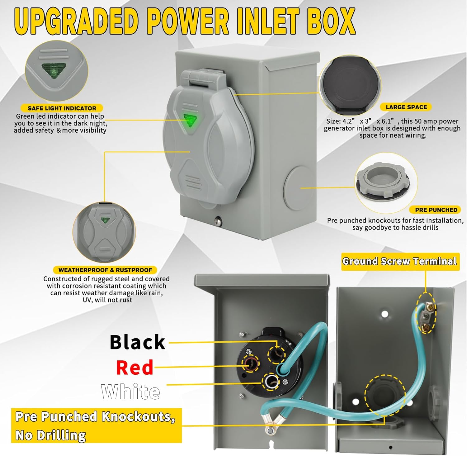 50 Amp Generator Cord 10FT and Power Inlet Box (Pre-Drilled),50 Amp, 125/250 Volts, NEMA 14-50P to SS2-50R Generator Cord Waterproof Combo Kit, ETL Listed, Wire Gauge: STW 6/3 + 8/1 AWG