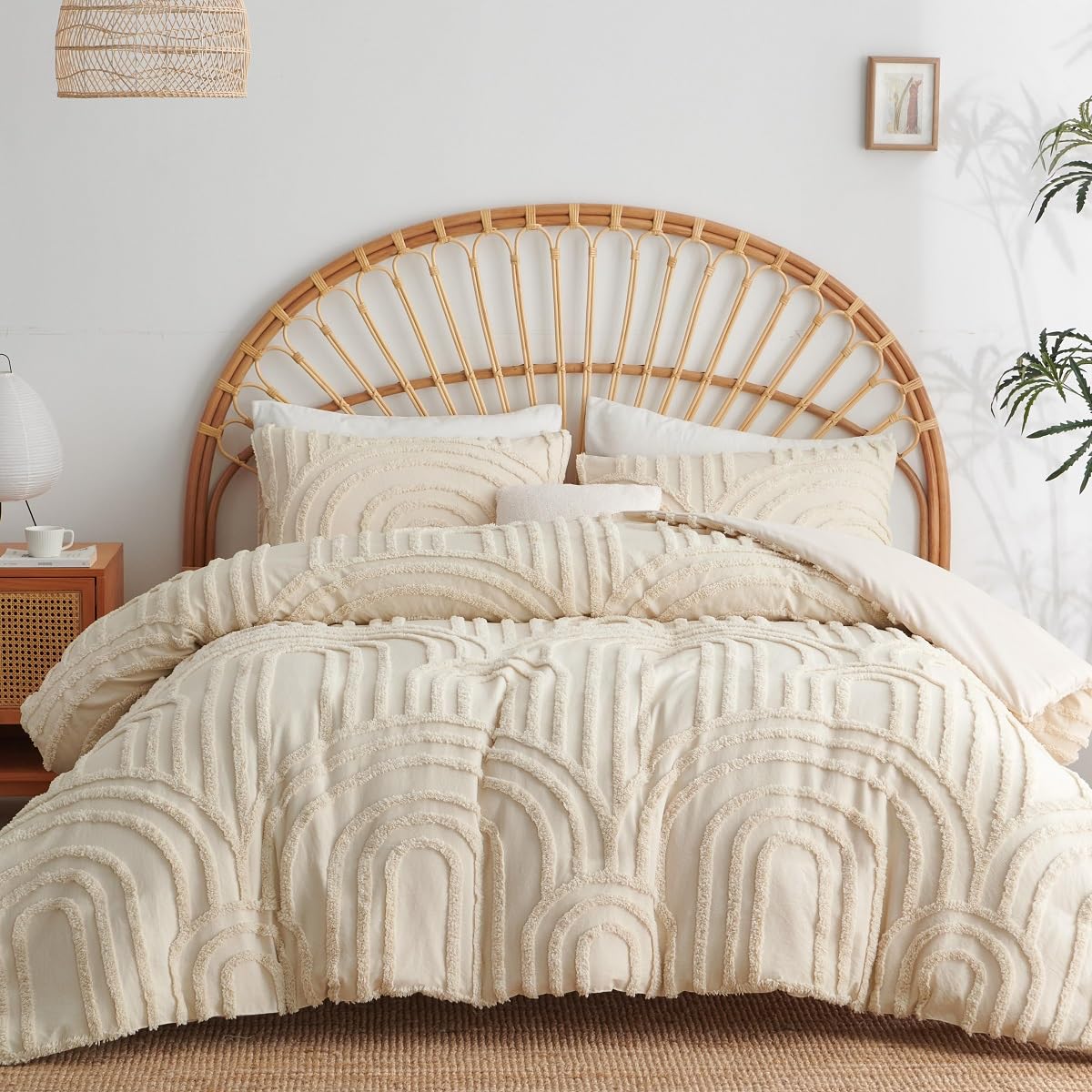 Lanqinglv Beige Bettwäsche 220x240cm Boho Getuftet Exquisite Handgefertigt Stickerei Geometrisch Chic Getuftet Vintage Bettbezug Doppelbett mit Reißverschluss und 2 Kissenbezüge 80x80cm