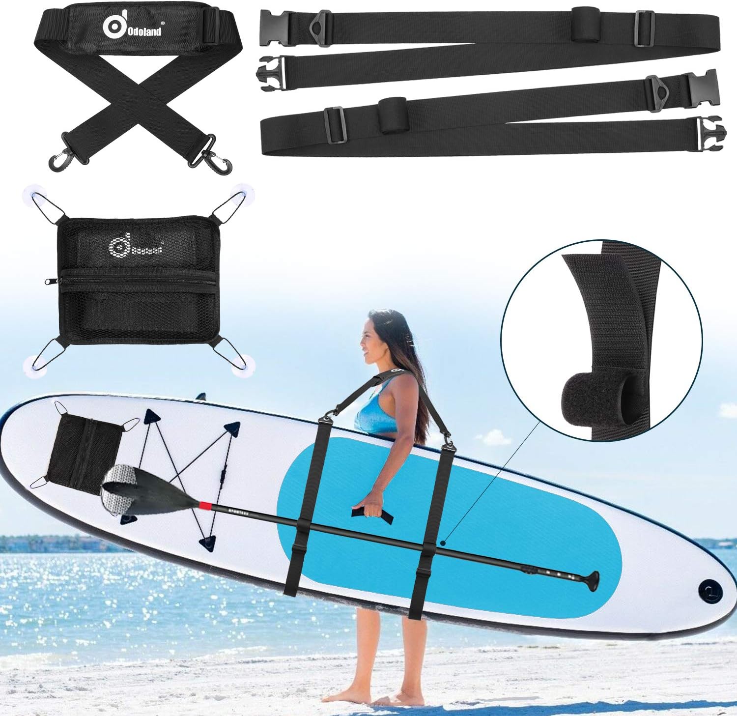 Odoland Paddle Board SUP Carry Strap with Deck Bag, Adjustable Heavy-Duty Carrying Shoulder Belt, Stand Up Paddle Board Carrier Storage Sling for Surfboards, Paddleboards, Longboards and Kayaks