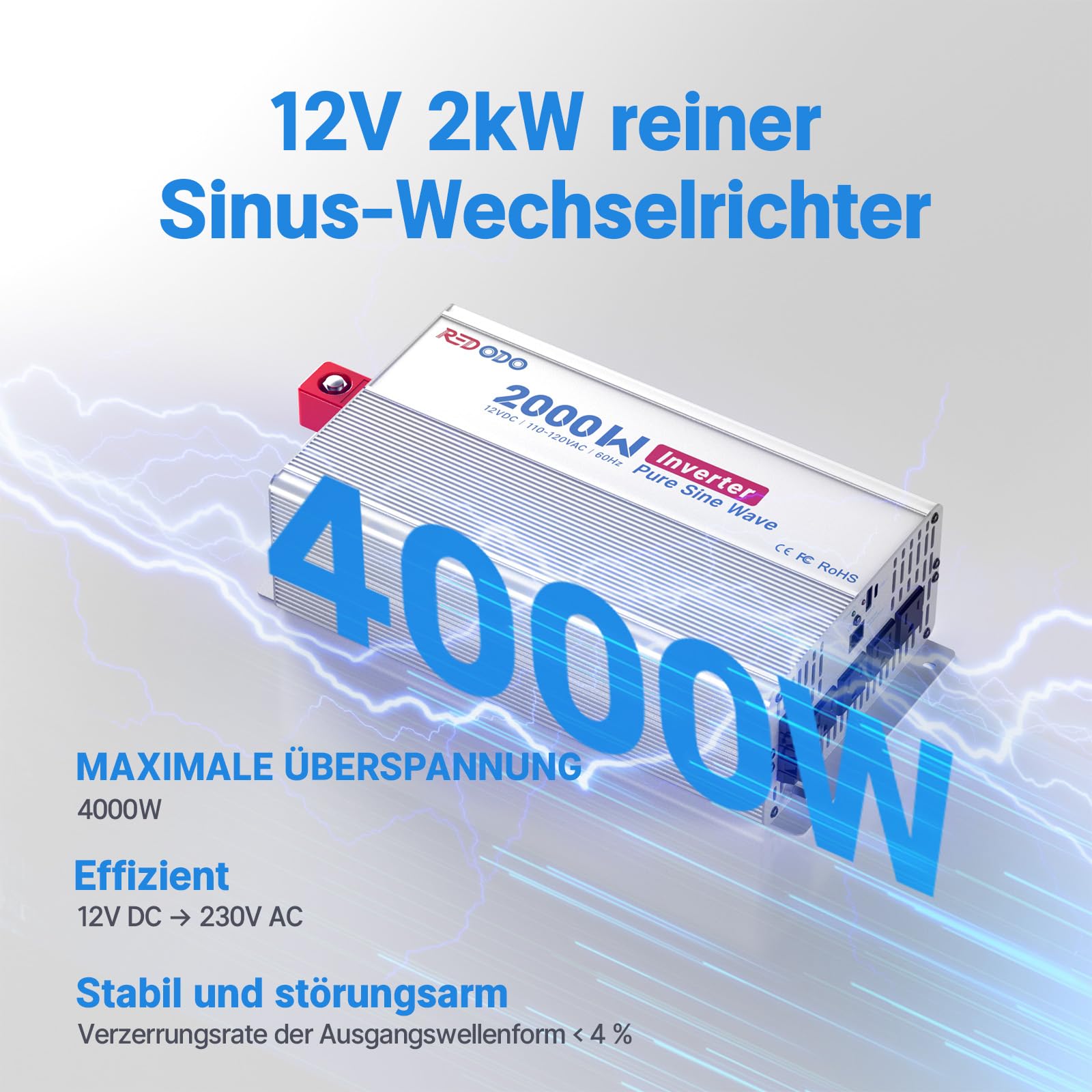 Redodo Reiner Sinus-Wechselrichter 2000W 2V DC zu 230V AC Konverter für Womo, Camping, Solarstrom-Wechselrichter mit 2*AC Ausgängen, Überwachungsbildschirm mit Echtzeit-Statusanzeige