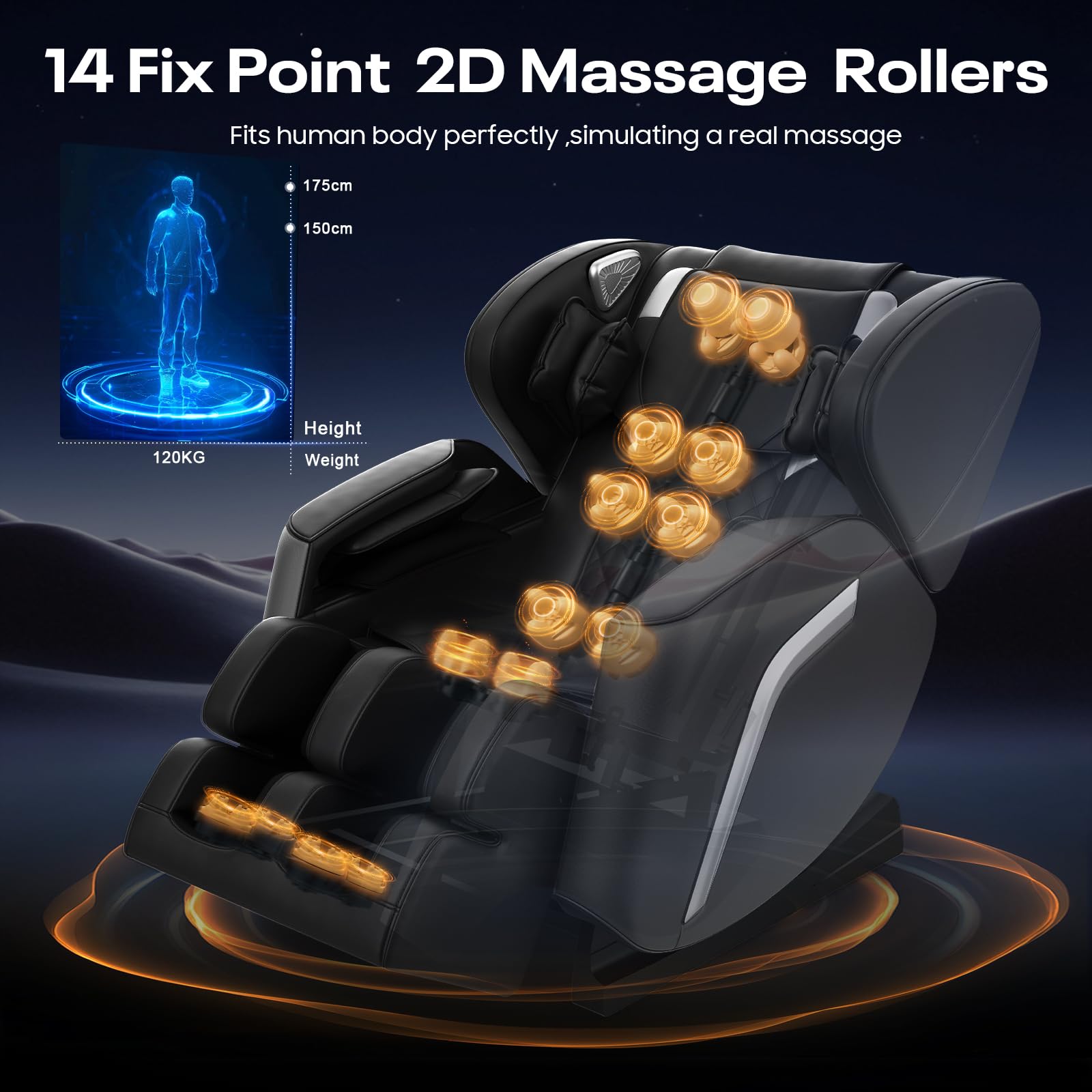 Sillón de Masaje con Función de Calor, 14 Rodillos, 9 Bolsas de Aire, Masaje de Pies,Altavoz Bluetooth, Control por Teléfono Inteligente, Panel Táctil, Sillón Reclinable de Gravedad Cero