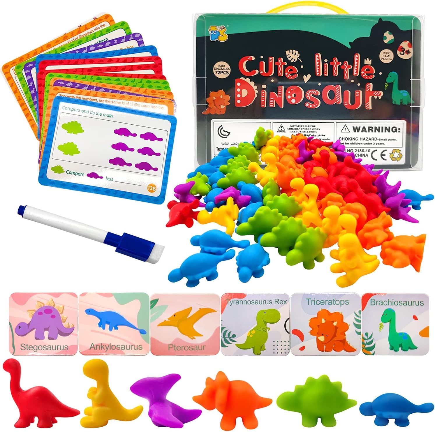 Counting Dinosaurs Set - 72 Pcs Rainbow Counting Dinosaurs with Early Education Number Cognition Cards - Montessori Matching Game - Educational Color Sorting Toys for Toddlers Babies-image-12