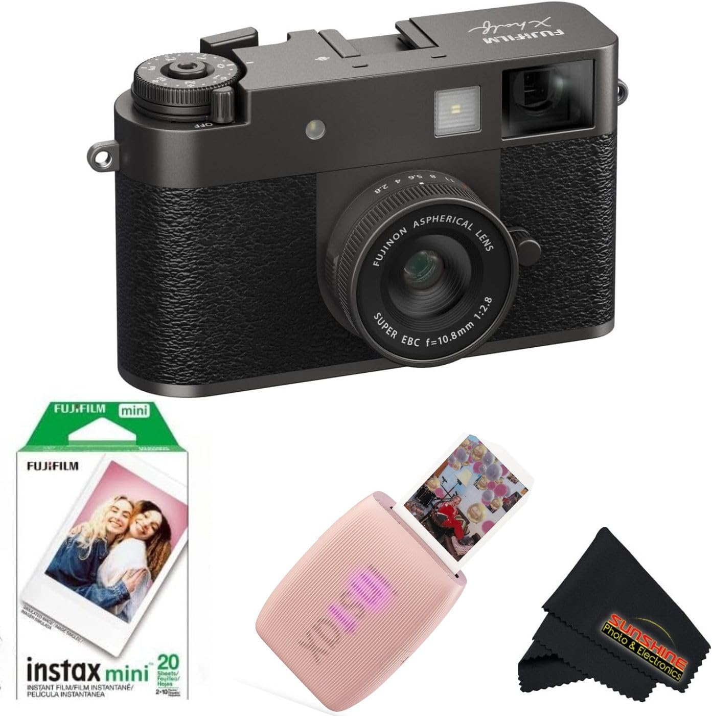 FUJIFILM X Half Digital Camera with Fujifilm Instax Mini Link 3 Smartphone Printer and Sunshine Microfiber Cleaning Cloth... (Charcoal Silver, Rose Pink Printer + 20 Sheets)