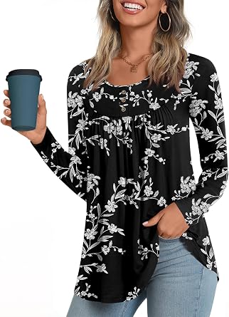 POPYOUNG Womens Long Sleeves Tunic Tops to Wear with Leggings Loose Fit Dressy Empire Waist Fall Tops