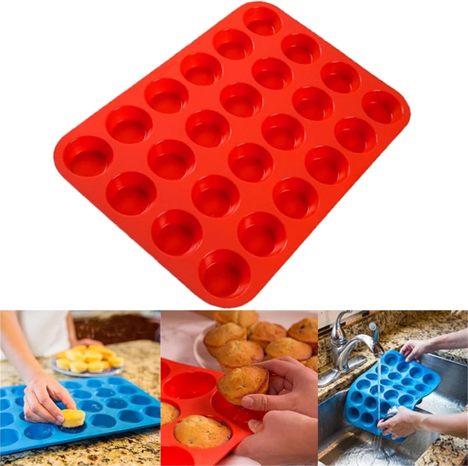 24-Hole Silicone Cake Mold 3D Non-Stick Bakeware Pan for Mini Muffins Cupcakes Soap Jelly & Candy(Blue 2pcs)