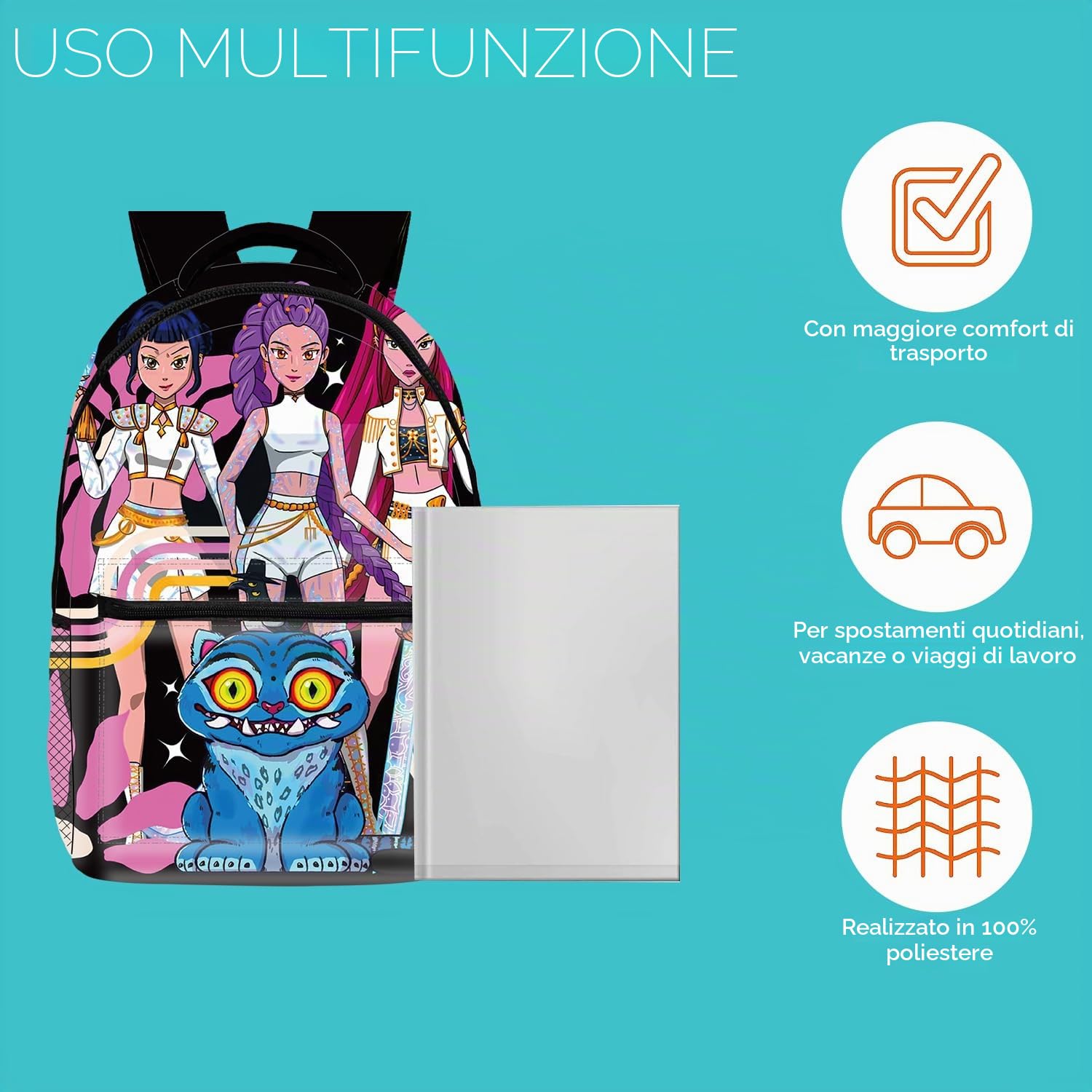 Demon Hunters - Zaino per la scuola per bambini, con stampa 3D, 41 x 30 x 14 cm (16"), stile carino, per adolescenti e bambini, per la scuola dei bambini, Nero , Mittelgroße