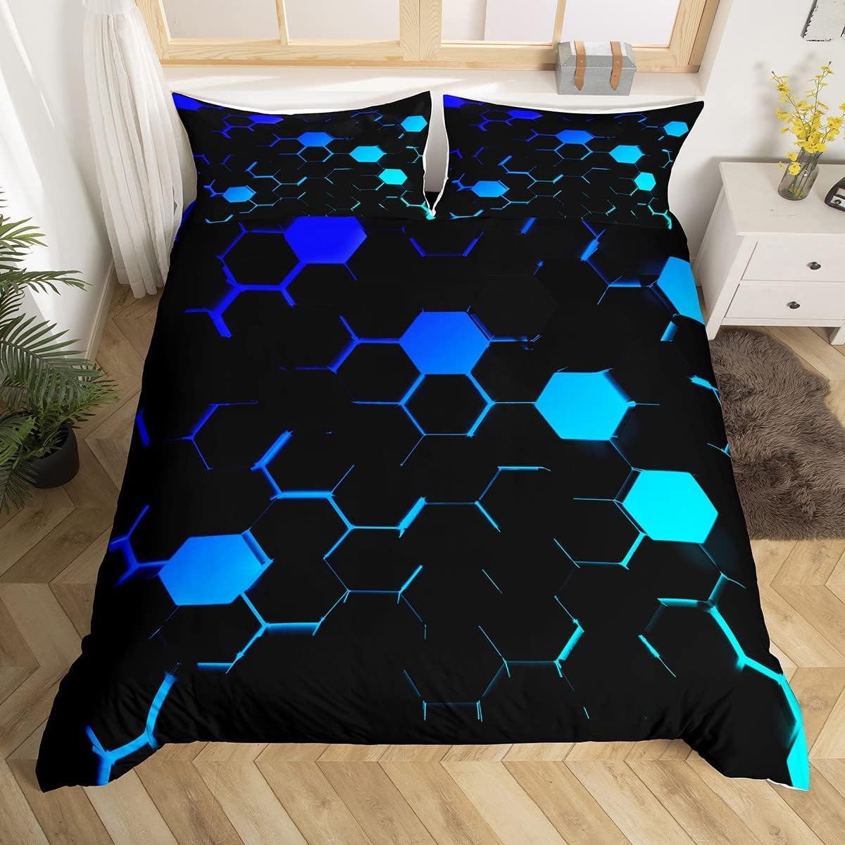 Housse de couette motif géométrique 3D bleu nid d'abeille 2 pièces