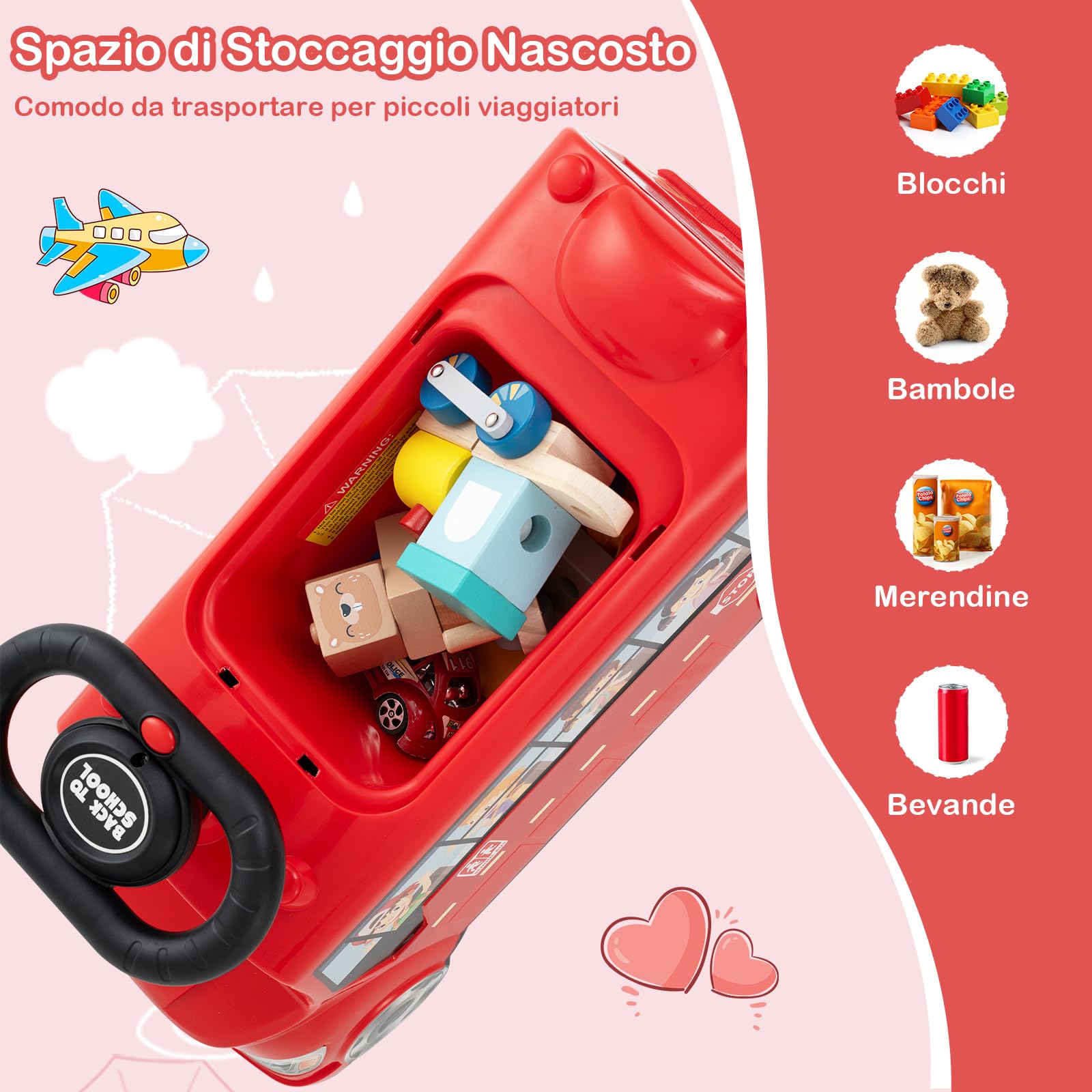 COSTWAY Auto a Spinta per Bambini, Autobus da Passeggio con Pulsante Musicale Comparto di Stoccaggio Blocco Antiribaltamento, Ideale per Bambini 19-36 Mesi