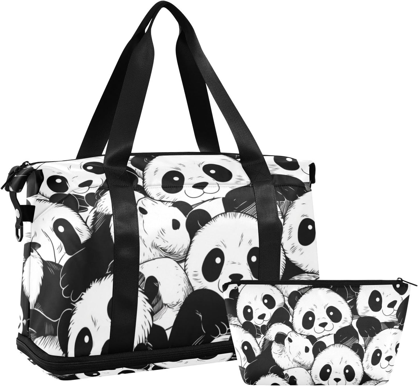 Cartoon Cute Panda Sports Tote Gym Bag Large Carry On Airport Bag with Toiletry Bag for Trip Large Capacity