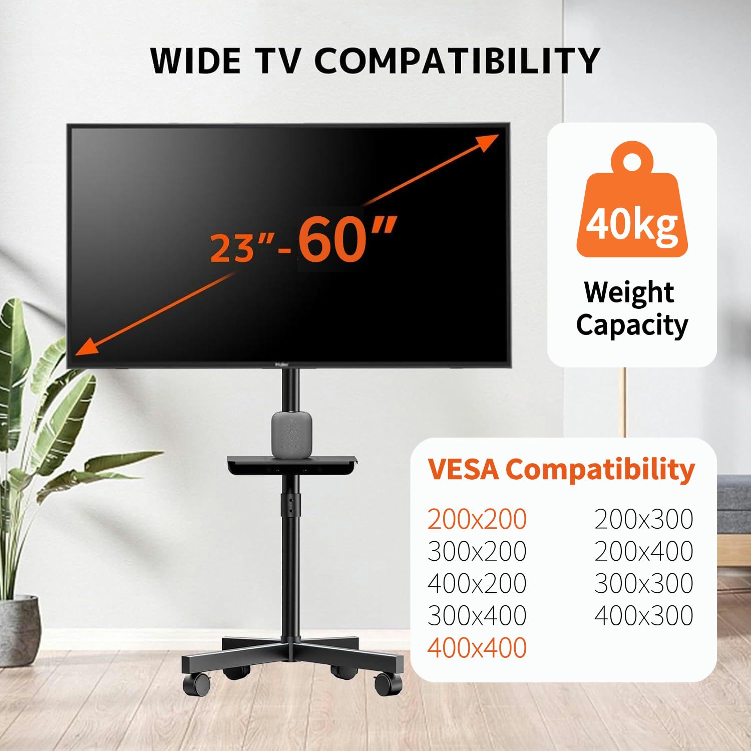 Support-TV roulettes pour 23-60 Pouces Téléviseur - Réglable en Hauteur Support TV sur Pied TV Mobile avec Support Média, Compatible VESA Jusqu’à 400 x 400 mm, Charge Maximale 40 KG, Noir