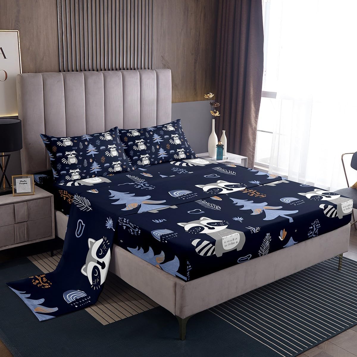 Erosebridal Raccoon Bed Sheets Set Squirrel Rabbit Full Sheet Set for Boys Kids Child Girls,Cute Hedgehog Flat Fitted Sheet Cartoon Wild Animals Toddler Bed Set,Lovely Wildlife Kawaii Room Decor