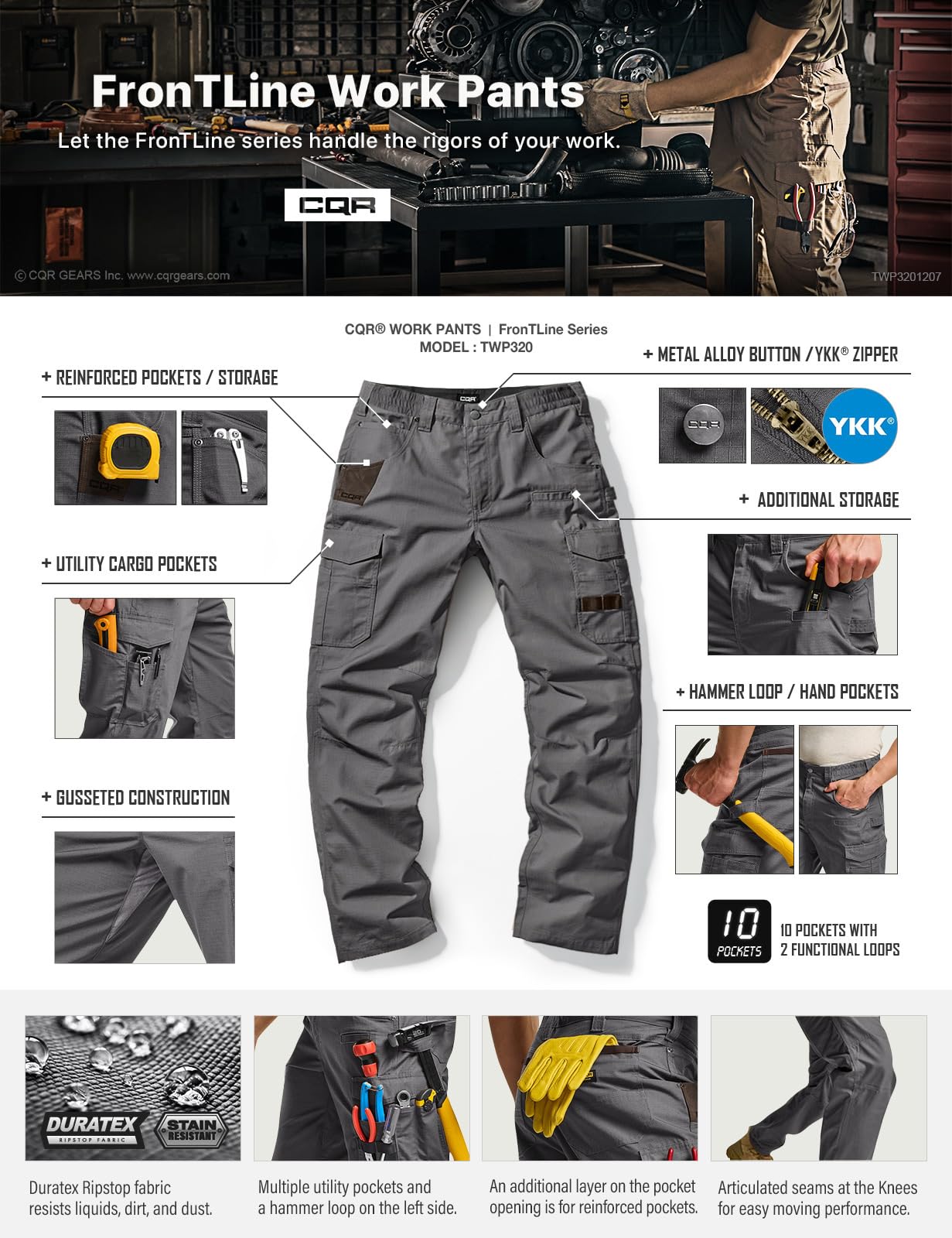 CQR Men's Quick Dry Work Pants, Water Resistant Outdoor Tactical Pants, Lightweight Stretch Cargo Hiking Pants — view 7