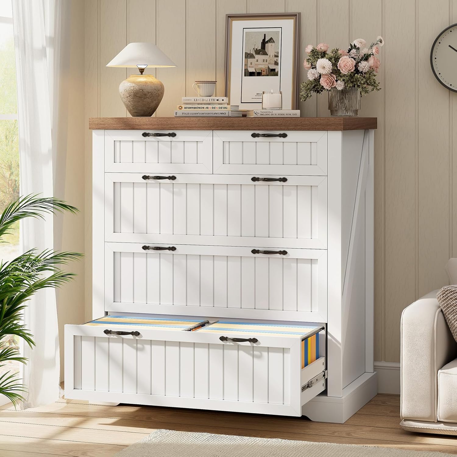 SEDETA Farmhouse File Cabinet with 5 Drawers, Filing Cabinet for Home Office, Wood Office File Cabinets for Letter/Legal/A4 Size, Lateral File Cabinets with Printer Stand, White + Brown