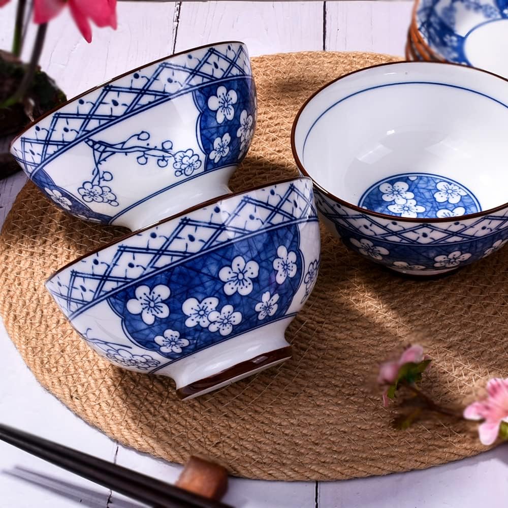 Porcelain Rice Bowl Set of 4, 4.5'' Blue Floral Grid Printed Small Bowls