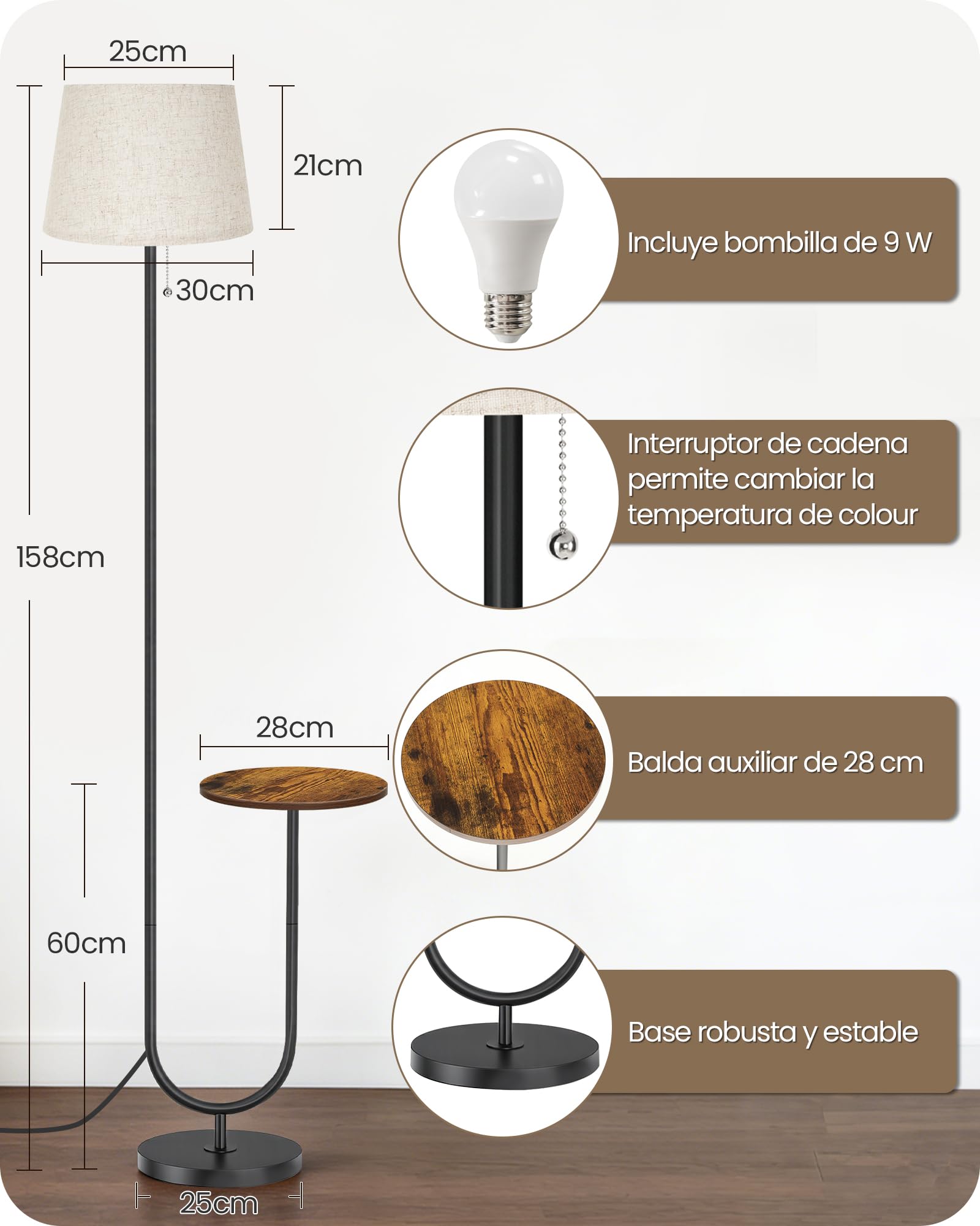 Lámpara de Pie con Mesa Auxiliar 3 Temperaturas de Color Cabezal Ajustable Pantalla de Lino Marrón Rústico y Beige