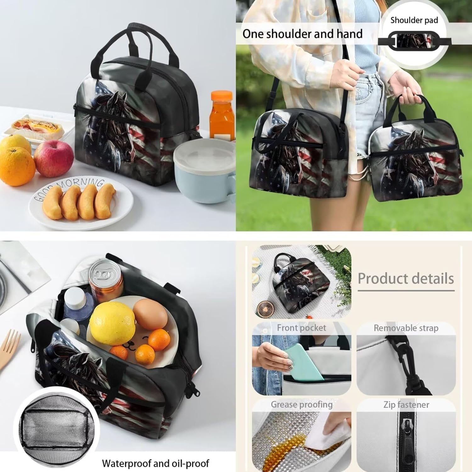 American Flag Horse Student Backpack, Portable Kids Student Bookbag with Water Bottle Sleeve Lunch Box Pencil Case for School, Back to School Gift for Boys Girls