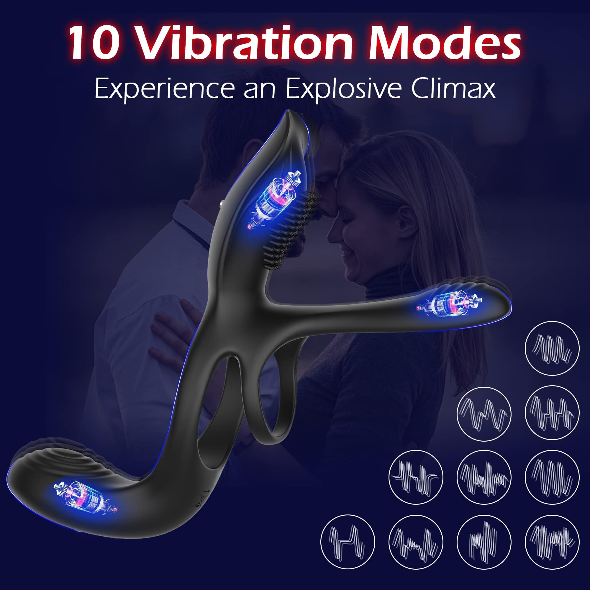 Cet anneau "3 en 1" est en silicone, a 10 modes de vibration, a une texture douce et élastique et est très solide.