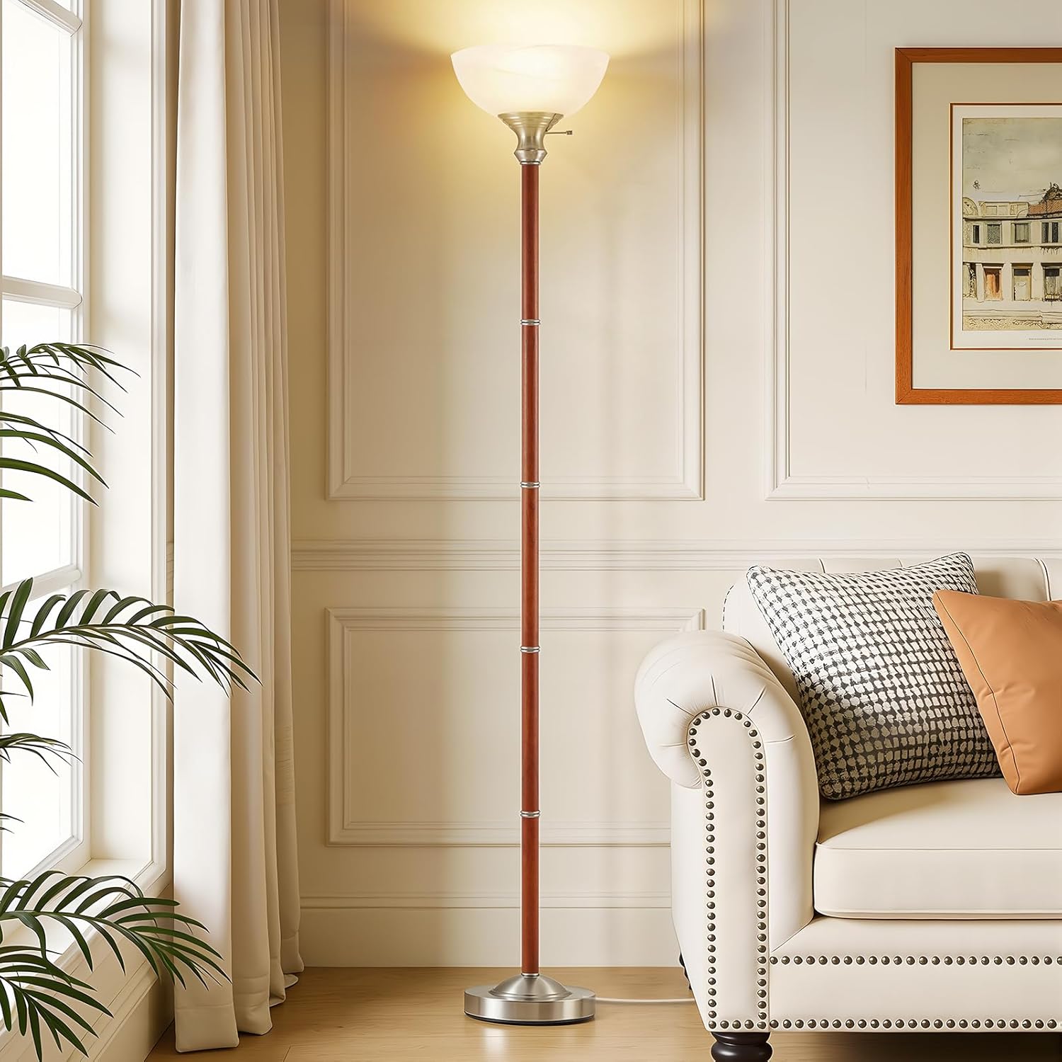 Wood Floor Lamp for Living Room - Brushed Nikel Torchiere Floor Lamps for Bedroom Standing Lamp with Glass Shade - Mid Century Modern Corner Tall Lamps for Home Office Nursery Reading Light