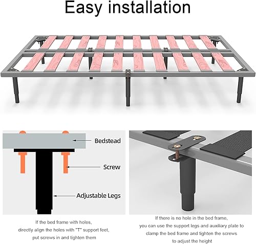 Miniatura 5 de 4 patas de cama ajustables de 7 a 13 pulgadas, patas de soporte de marco de cama de metal resistente, listones centrales de cama de madera, patas de
