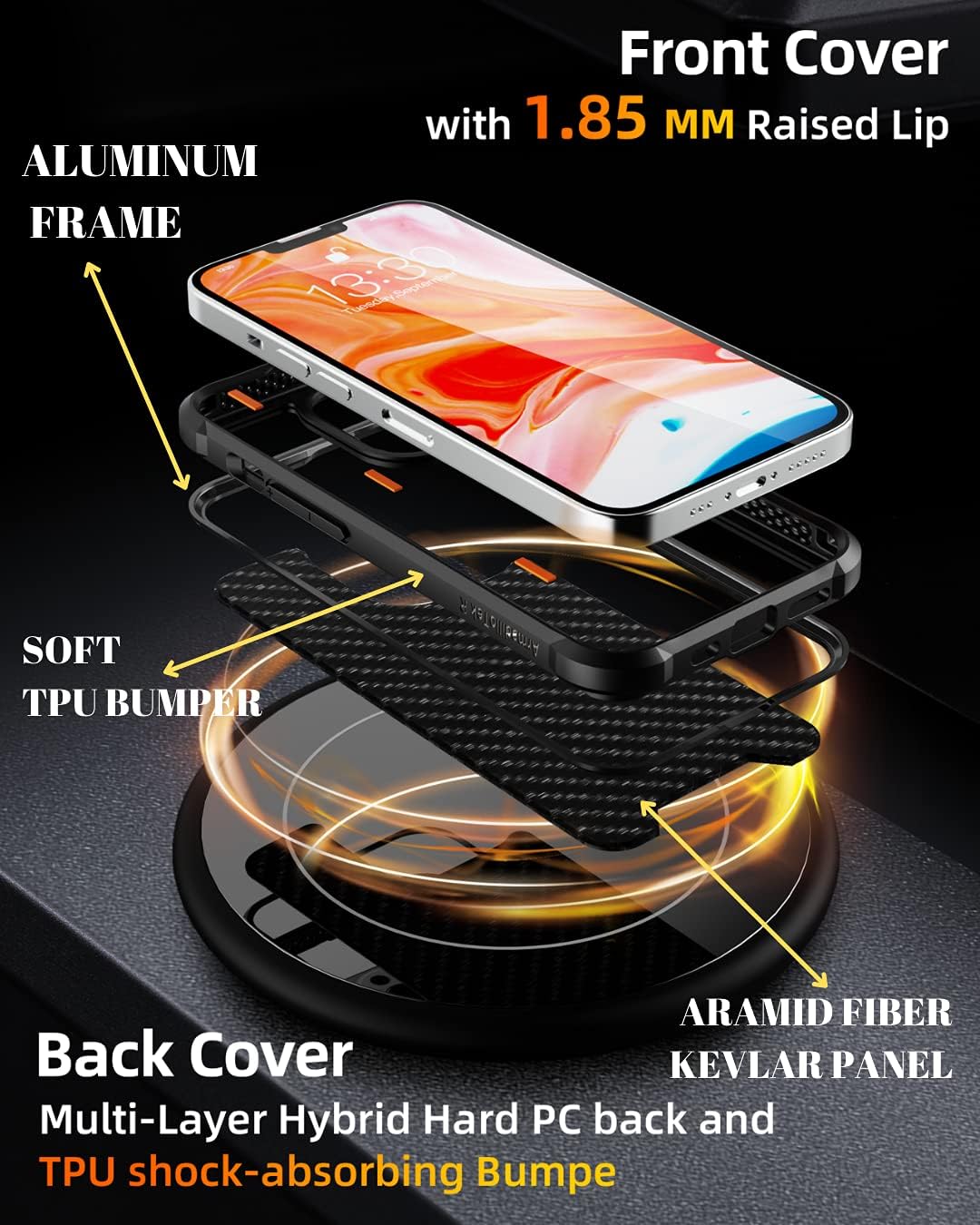 CaseBorne R Compatible with iPhone 13 / iPhone 14 Case - Shockproof Protective, Military Grade 12ft Drop Tested, Durable Aluminum Frame, Aramid Fiber - Black