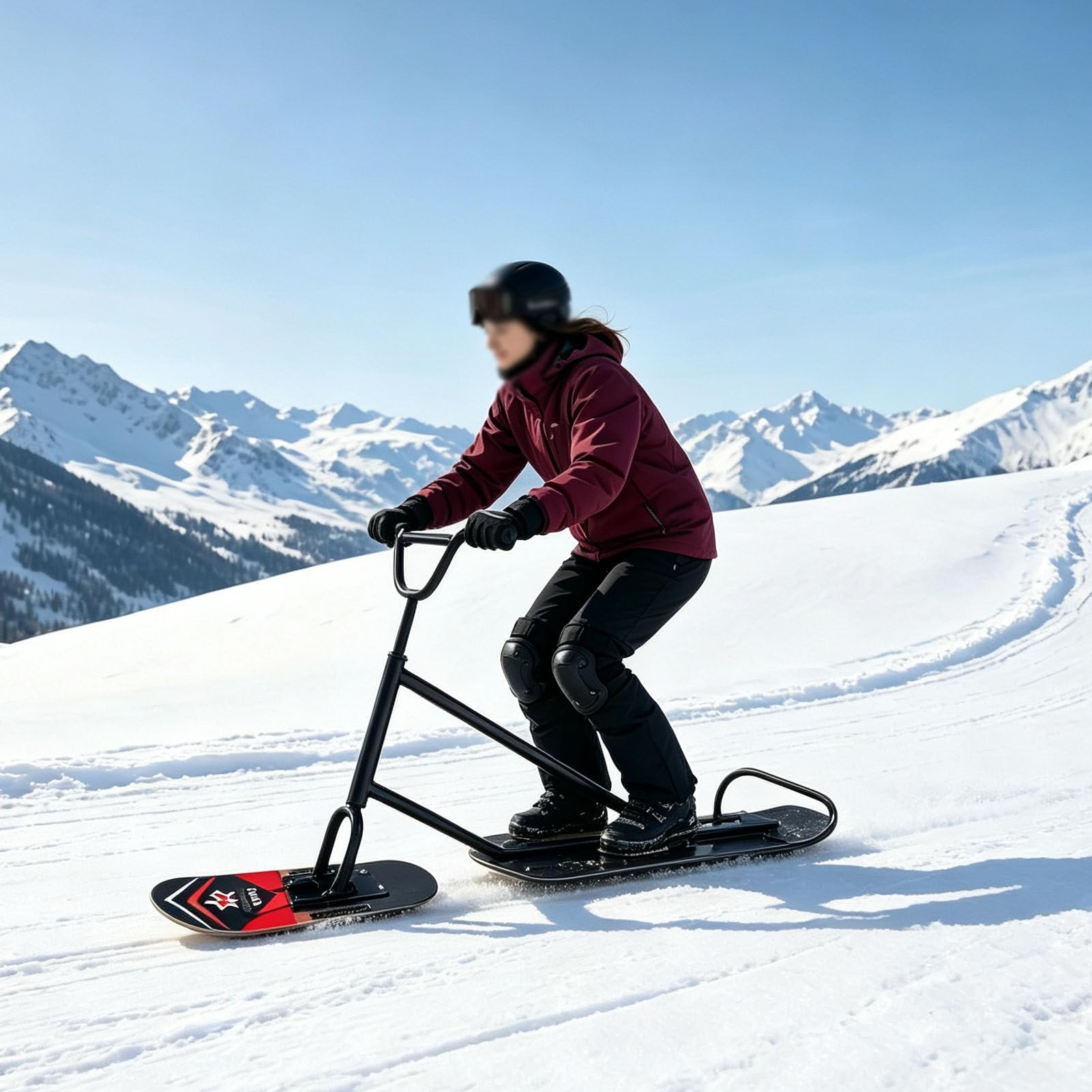 Slitta a Doppia Tavola per Adulti con Sci Posteriore Girevole a 360°, Portata 100 kg, Bici‑Sci all‑Terrain per Fuoristrada, Snowpark e Piste Battute Black