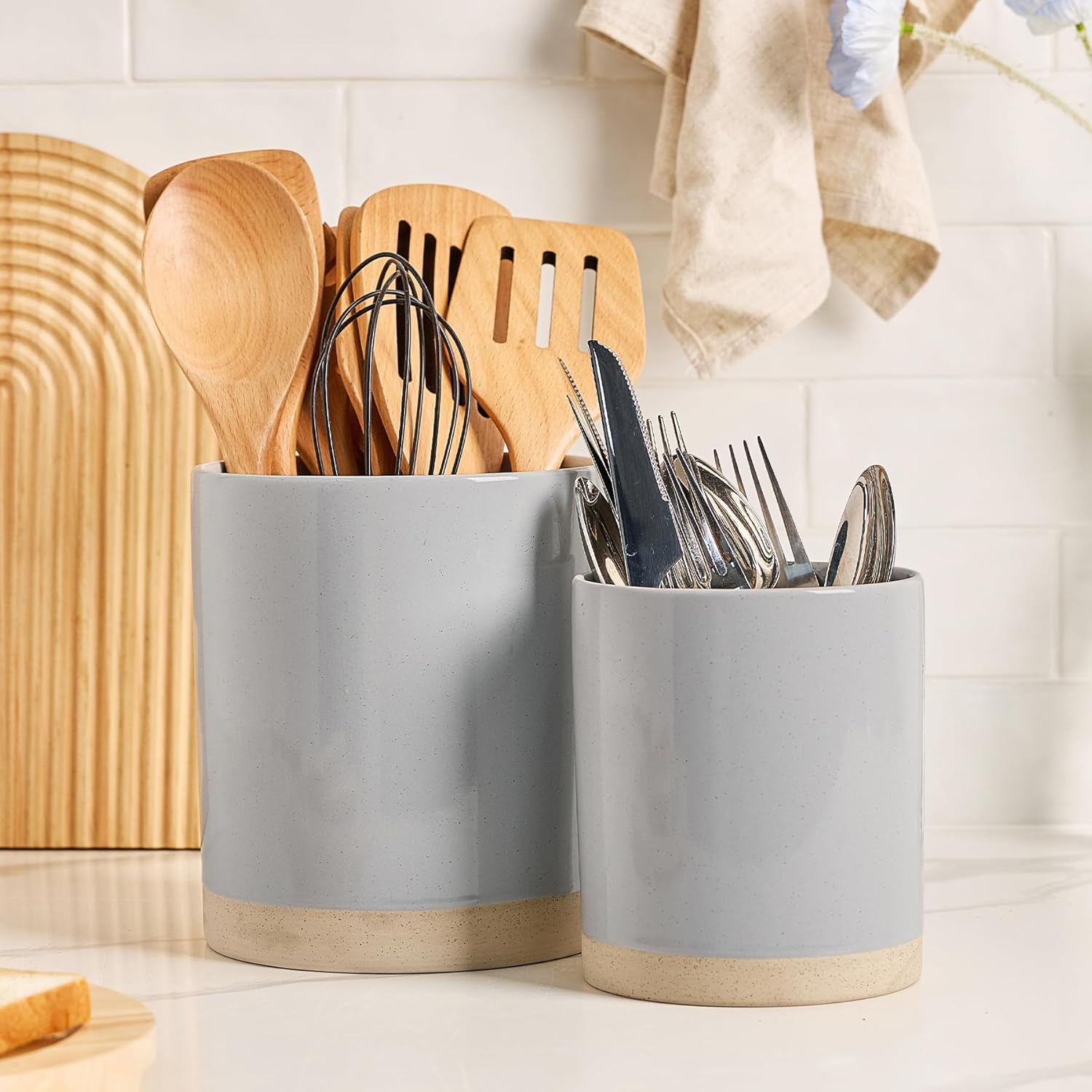 famiware Milkyway Kitchen Utensil Holder for Countertop, 7.2"+5.8" Ceramic Cooking Utensil Crocks for Counter, Utensil Organizer for Spatula & Spoon, Kitchen Decor, Set of 2, Light Gray