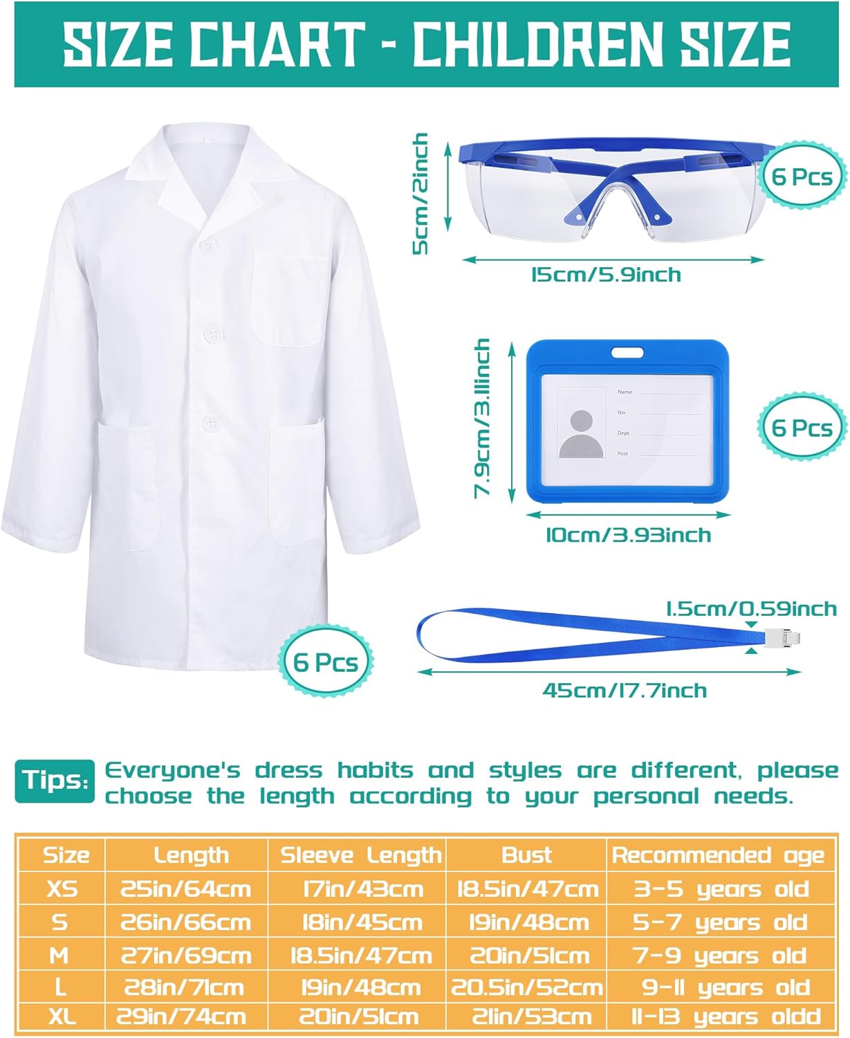 6 Sets 18 Pcs White Kids Lab Coats Bulk Children Girl Doctor Scientist Costume Lab Coat with Goggles Card Holder (Medium) - Image 2