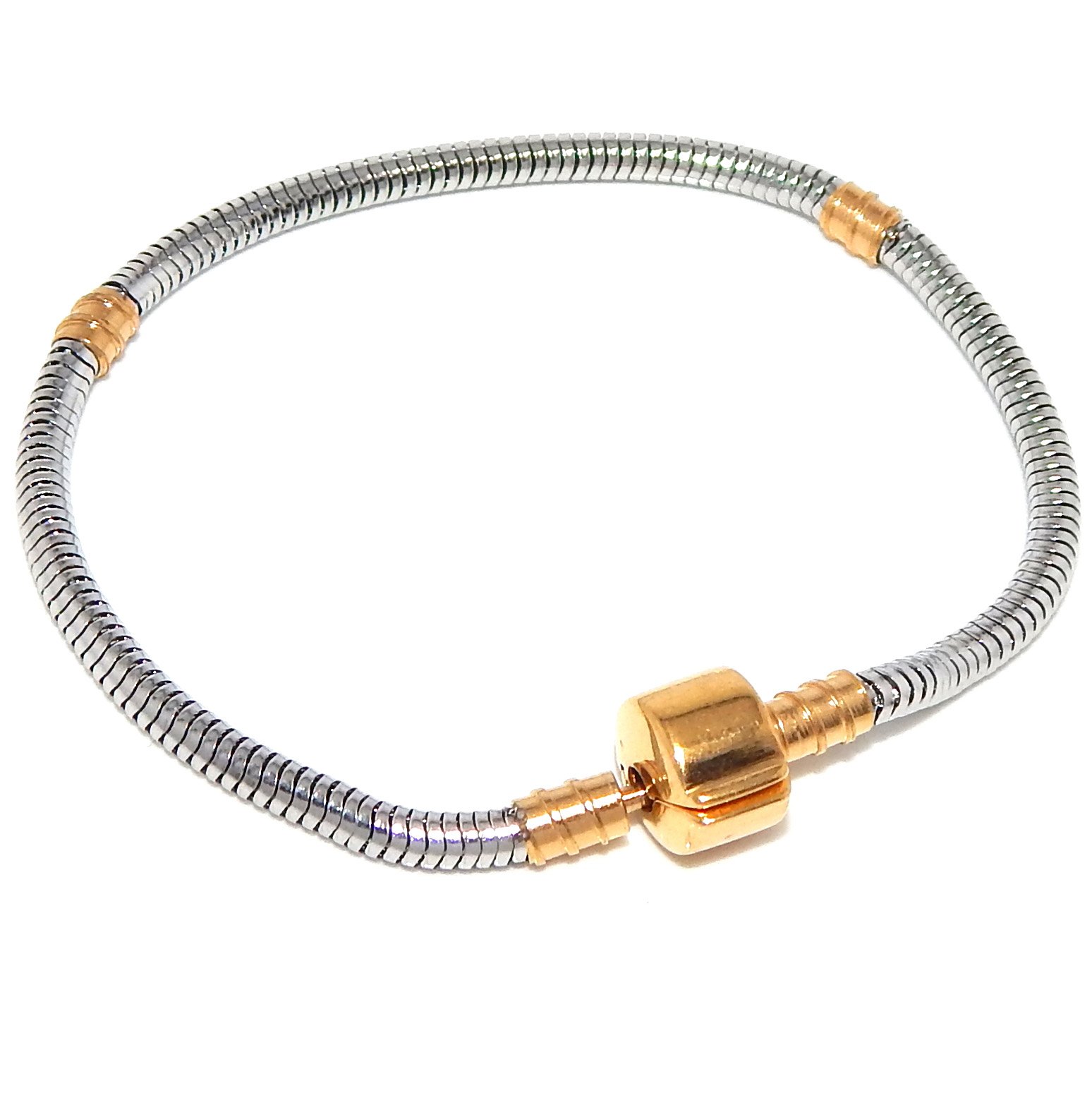 UnknownStainless Steel Starter Charm Bracelet Barrel Gold Tone Snap Clasp Fits Pandora Charms