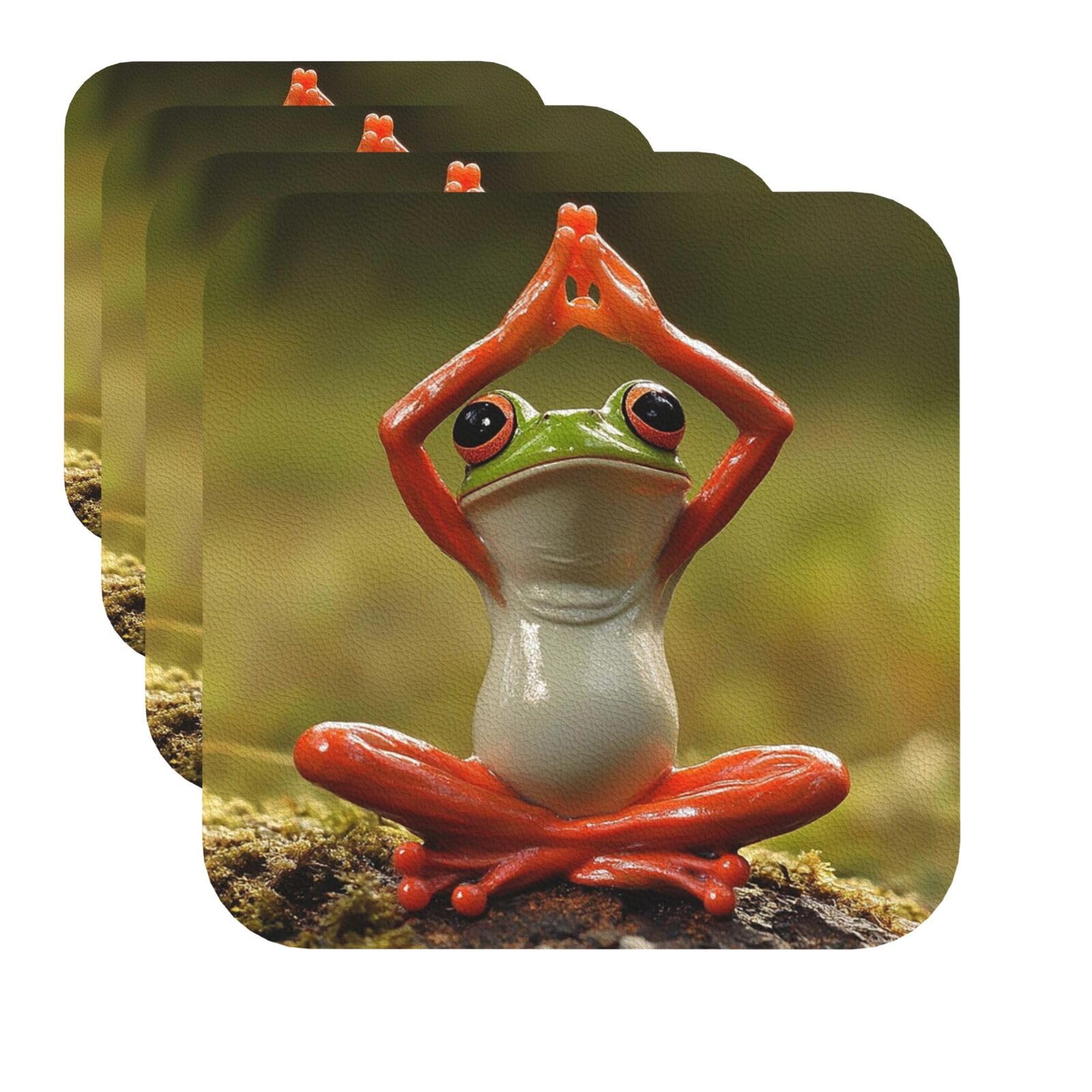 Drink Coasters Set of 4 Quick-Dry Leather Coaster The funny frog doing yoga Coasters for Drinks Coffee Cup Mat Tabletop Protection Heat Resistant Coaster for Kitchen Bar Office Home Decor