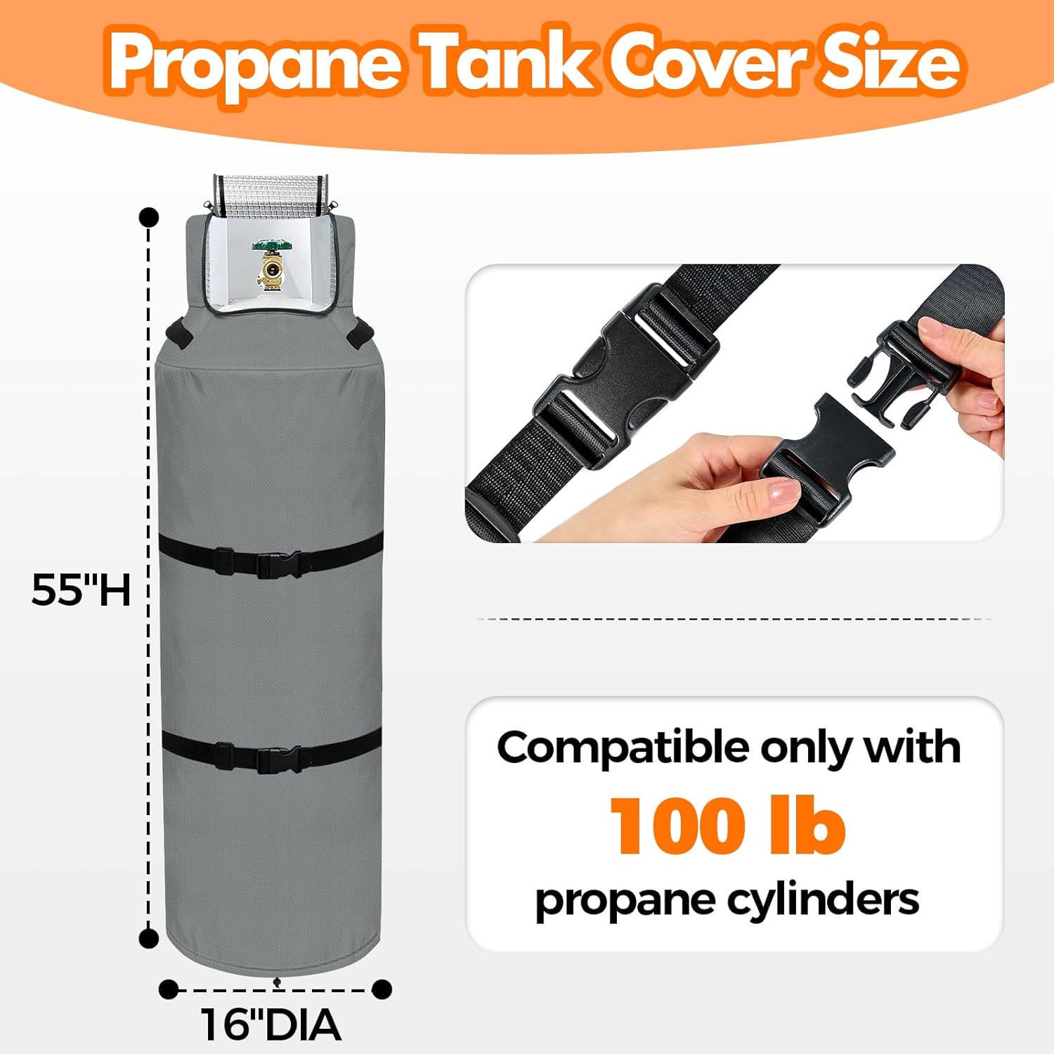 100 lb Propane Tank Cover, 600D Heavy-Duty 3 Layer Insulated Propane Tank Cover, Frost-Proof and UV-Resistant, with Top Opening Design and Waterproof Zipper, Gray