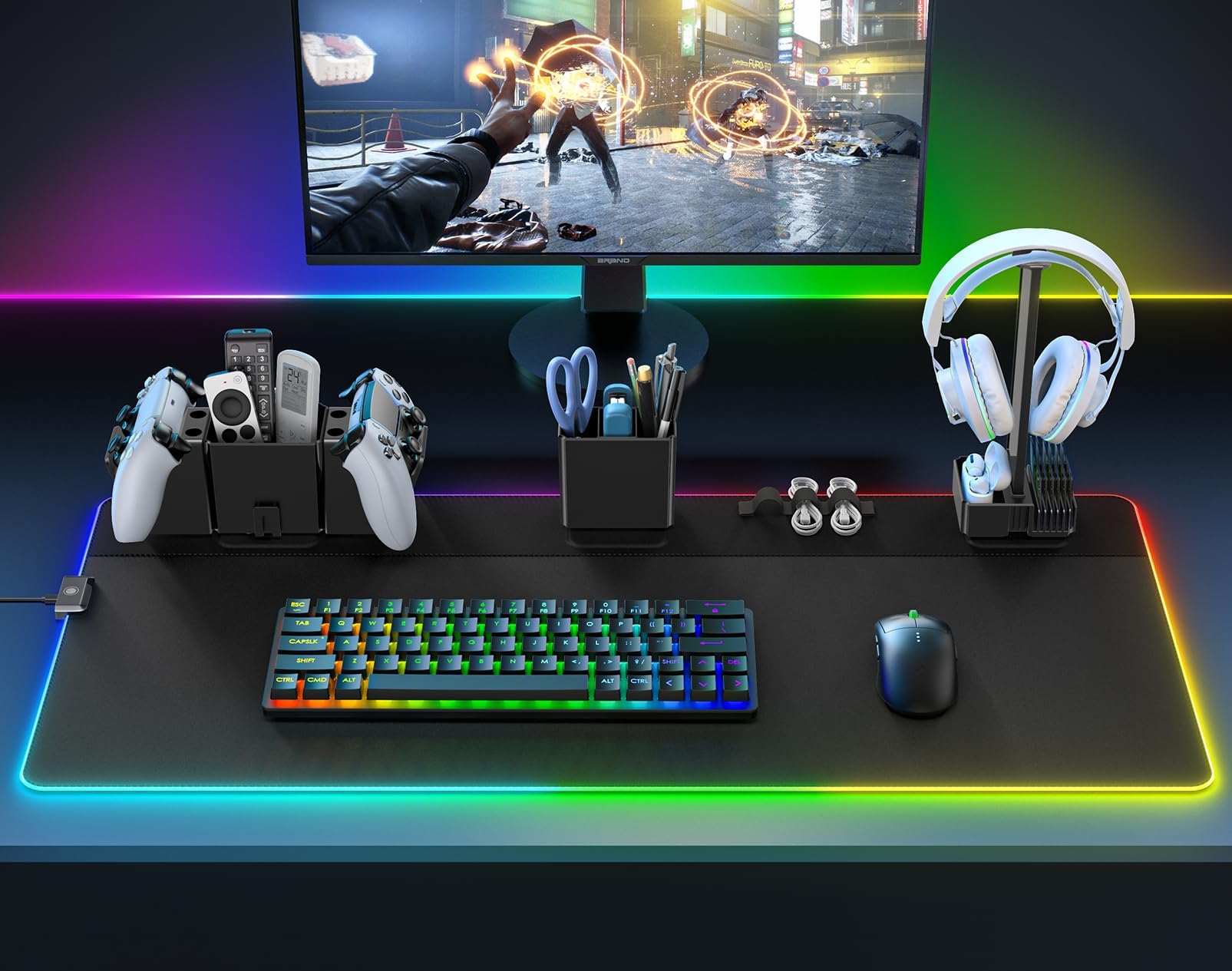Large Gaming Mouse Pad with Magnetic Organizer Set - Light Modes Touch Control Desk Computer Keyboard Mat - 35.43X17.71 Soft Mousepad with Non-Slip Rubber Base for Gamer Storage Accessory Setup
