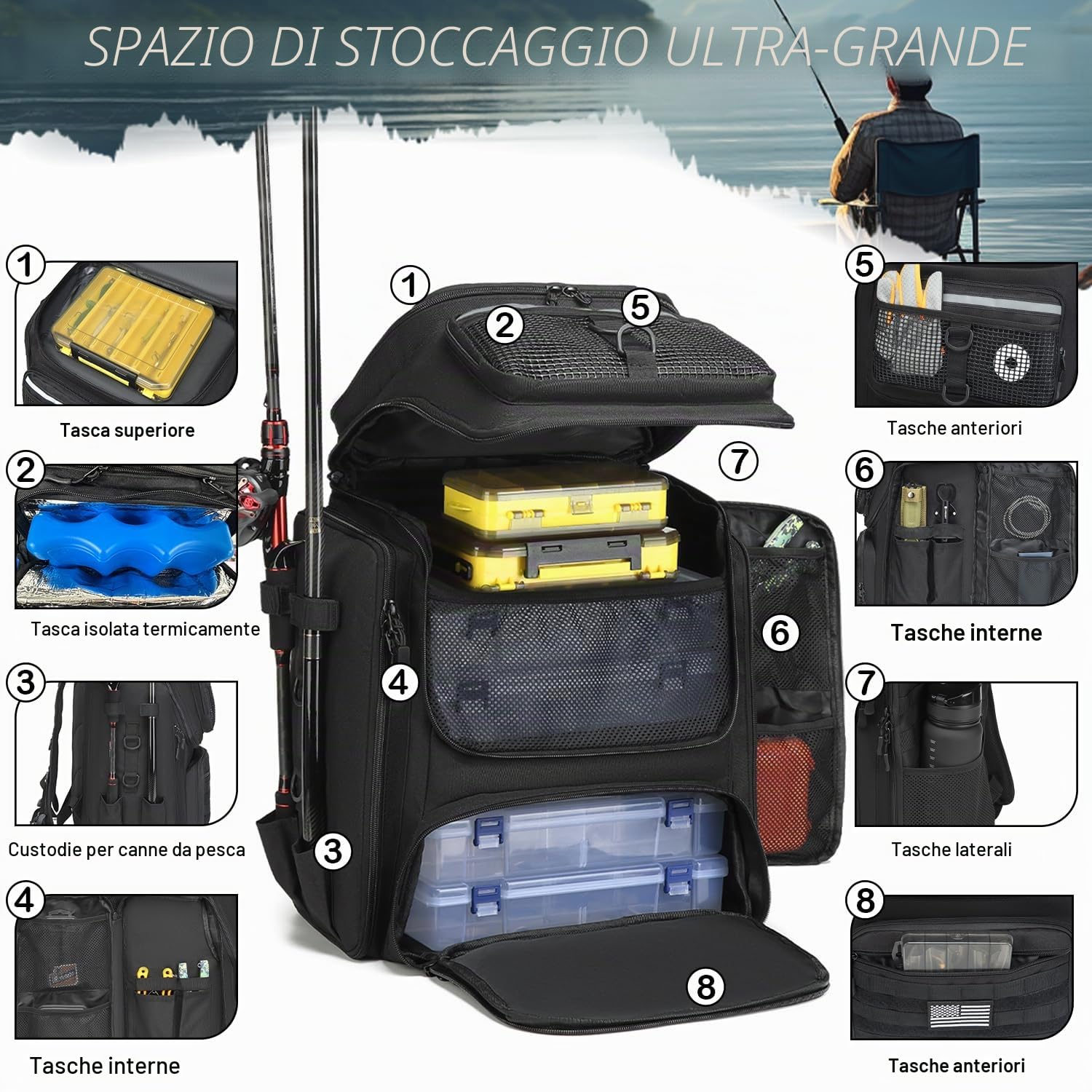 Borsa da Pesca Grande Tattico Zaino da Pesca per Attrezzi e Accessori 45L Borsa Sportivo per Campeggio Trekking Sport All'apert (Solo Zaino)