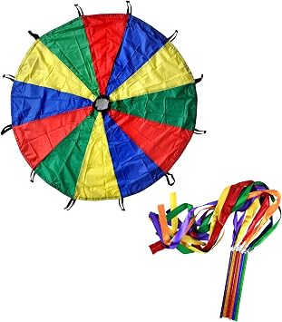 GSi 12 Ft Rainbow Parachute Bundle with 6 Sparkling Ribbon Wands Group Play and Dance Activity Set for PE, Gymnastics, and Outdoor Fun