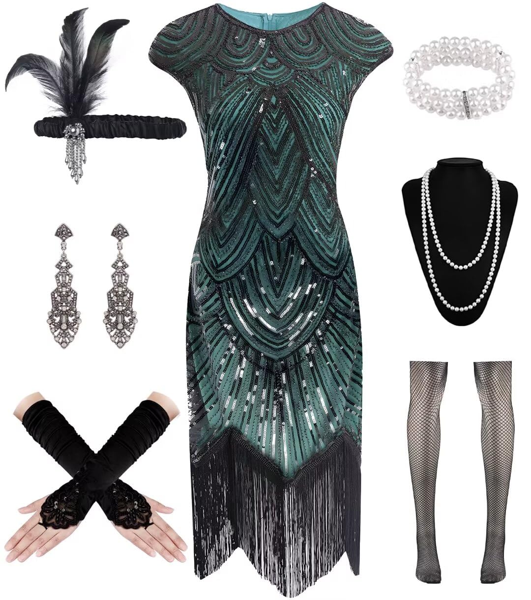 WILDPARTY Vestidos de los años 20 para mujer, vestido flapper con lentejuelas y cuentas, medias de malla con flecos, vestido de los años 20, disfraz vintage de mafia para mujer