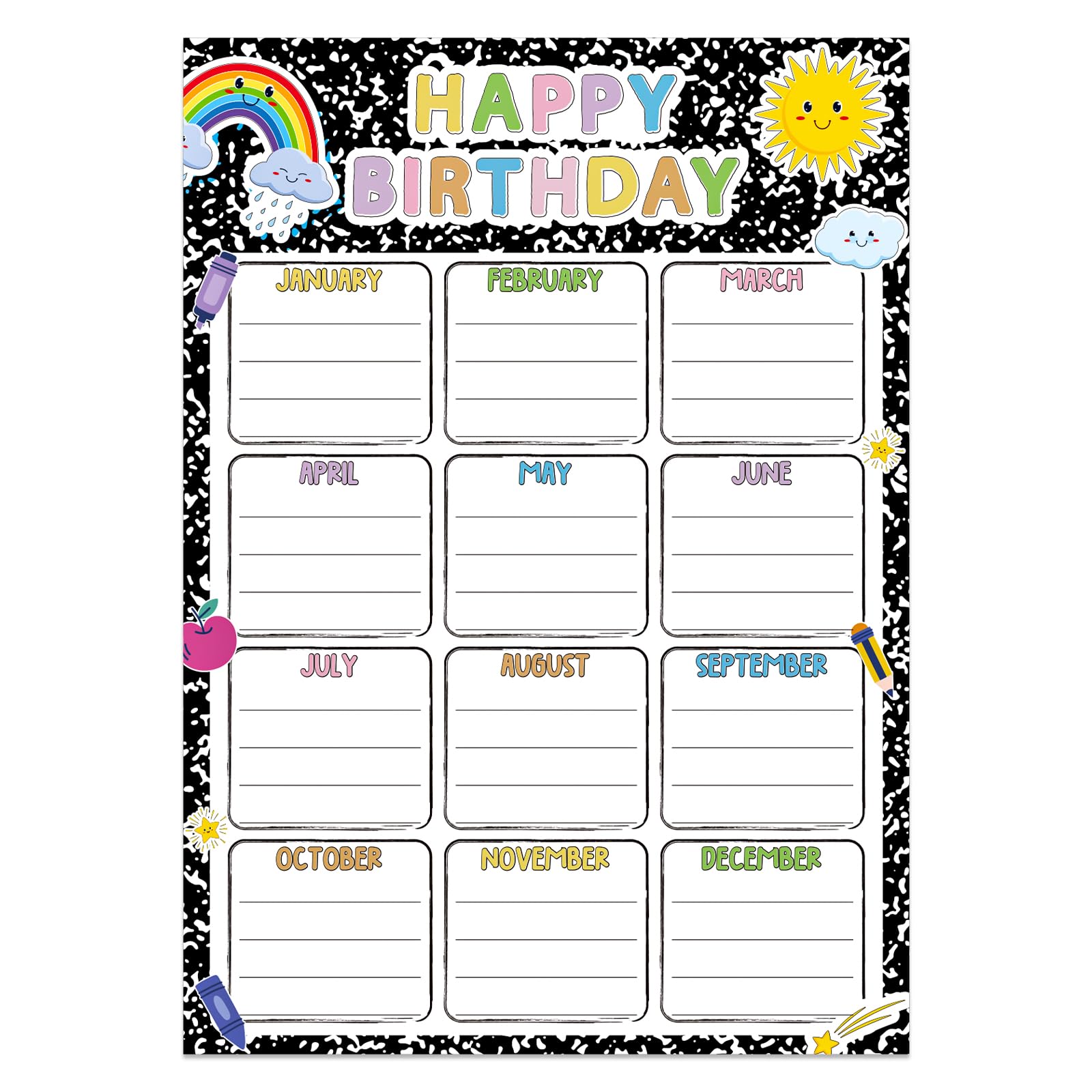 Classroom Birthday Chart Poster, 11.8 x 16.5 Inch Birthday Calendar